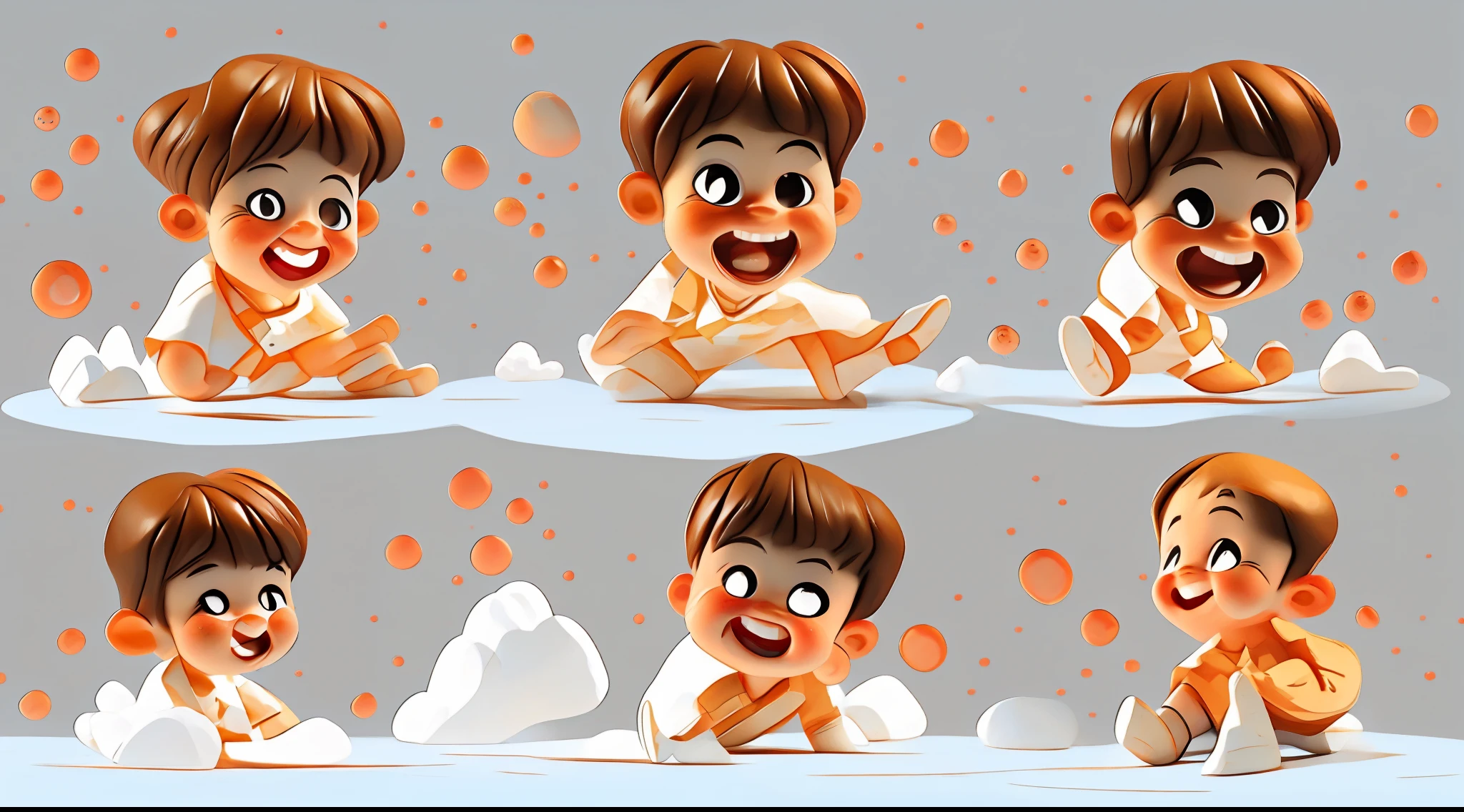 Just the main character of a children's book. Strike several different poses of the same character at different angles and contexts in the image. Children's book illustration. Boy, brown haired, smiling, very cheerful on a completely white background. Just focus on the character always full body.