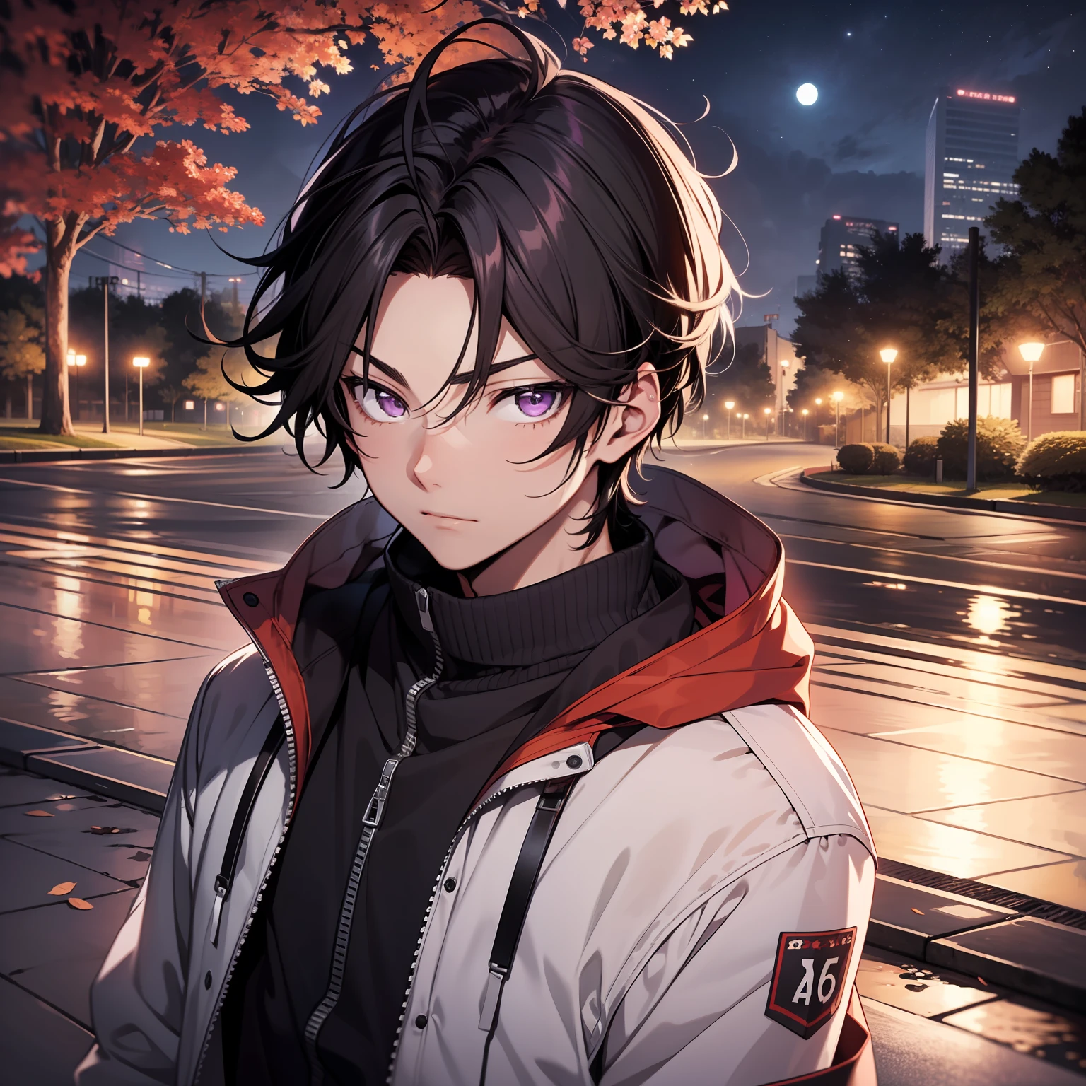 Boy, , Issei Hyoudou face, black hair, purple eyes, in a park at night, full moon, 4k, face detqailed, masterpice, 4k, good anatomy