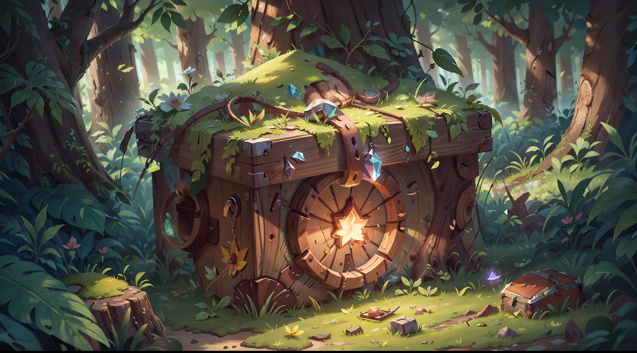 (best quality) (detailed description) (do not duplicate) glowing treasure chest, forest
