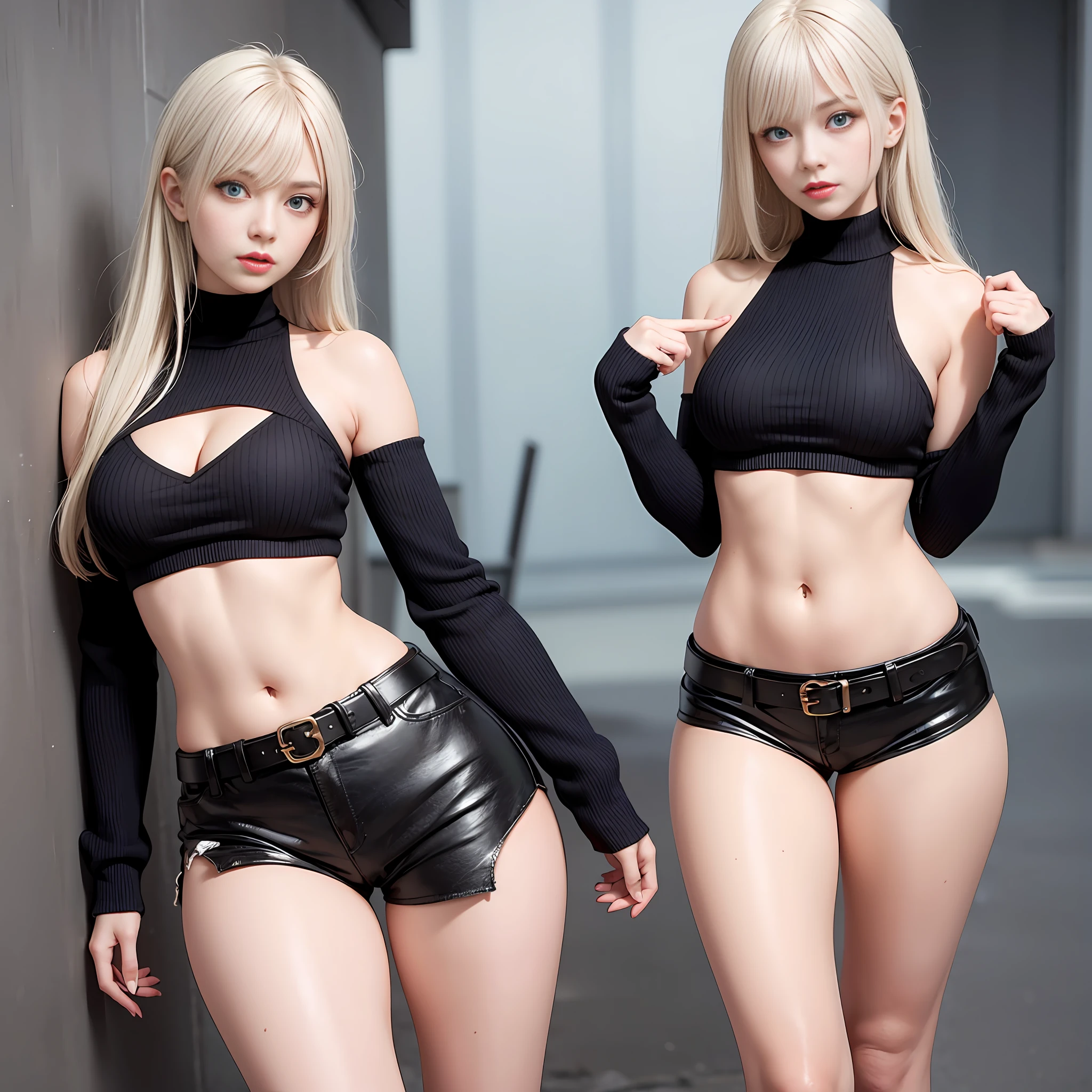1 beautiful woman, (gray blonde hair:1), long hair, bangs, blue eyes, medium breasts, wide hips,sculptural body, neckline, tanned sweater, leather shorts, belt buckle, black thighs