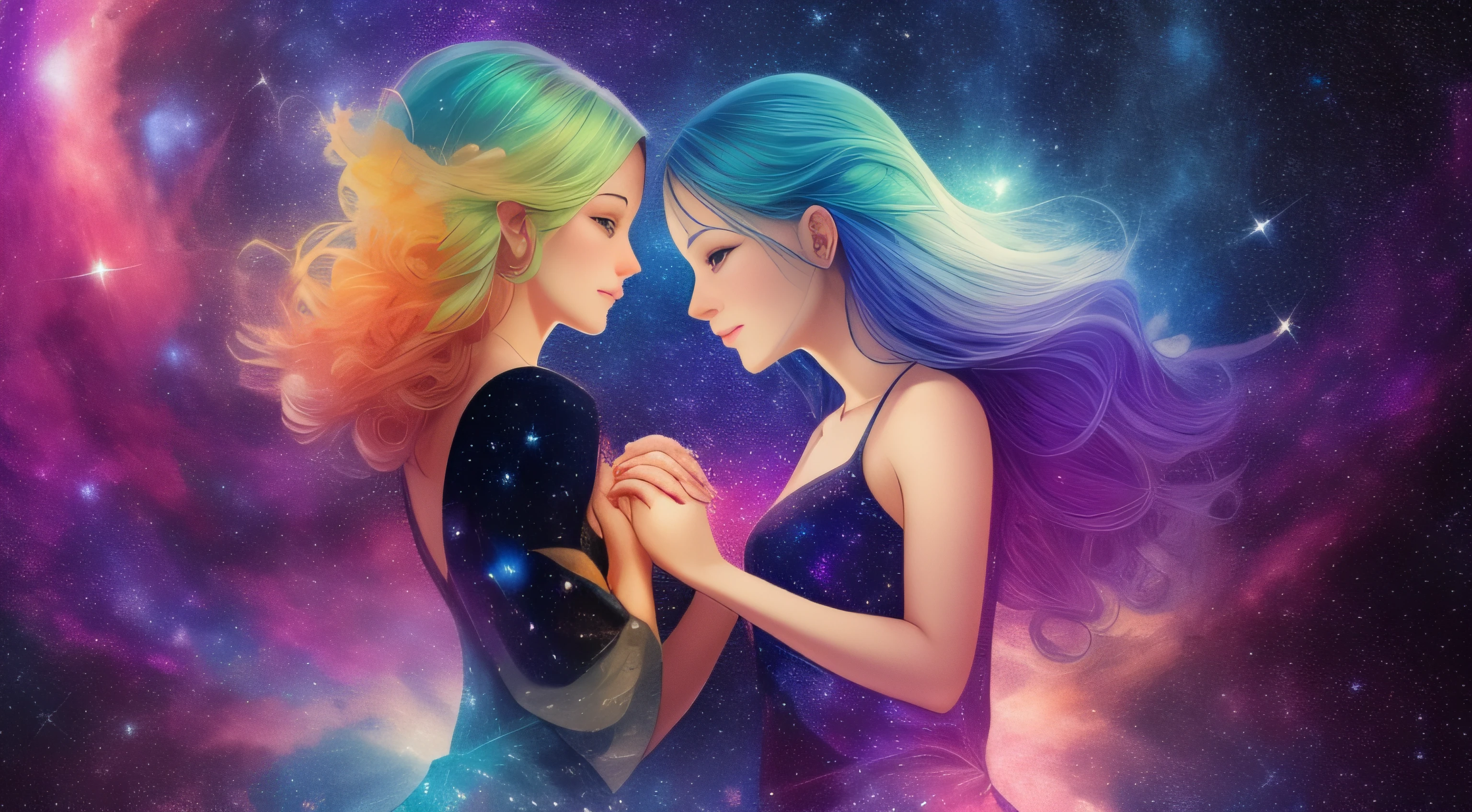 iridescent galaxy, universe, beautiful stars, drawing happy couple, holding hands, mysterious art, cosmic mystery, fantasy art, perfect face, perfect limbs, perfect eyes, perfect mouth, perfect nose, beautiful limbs