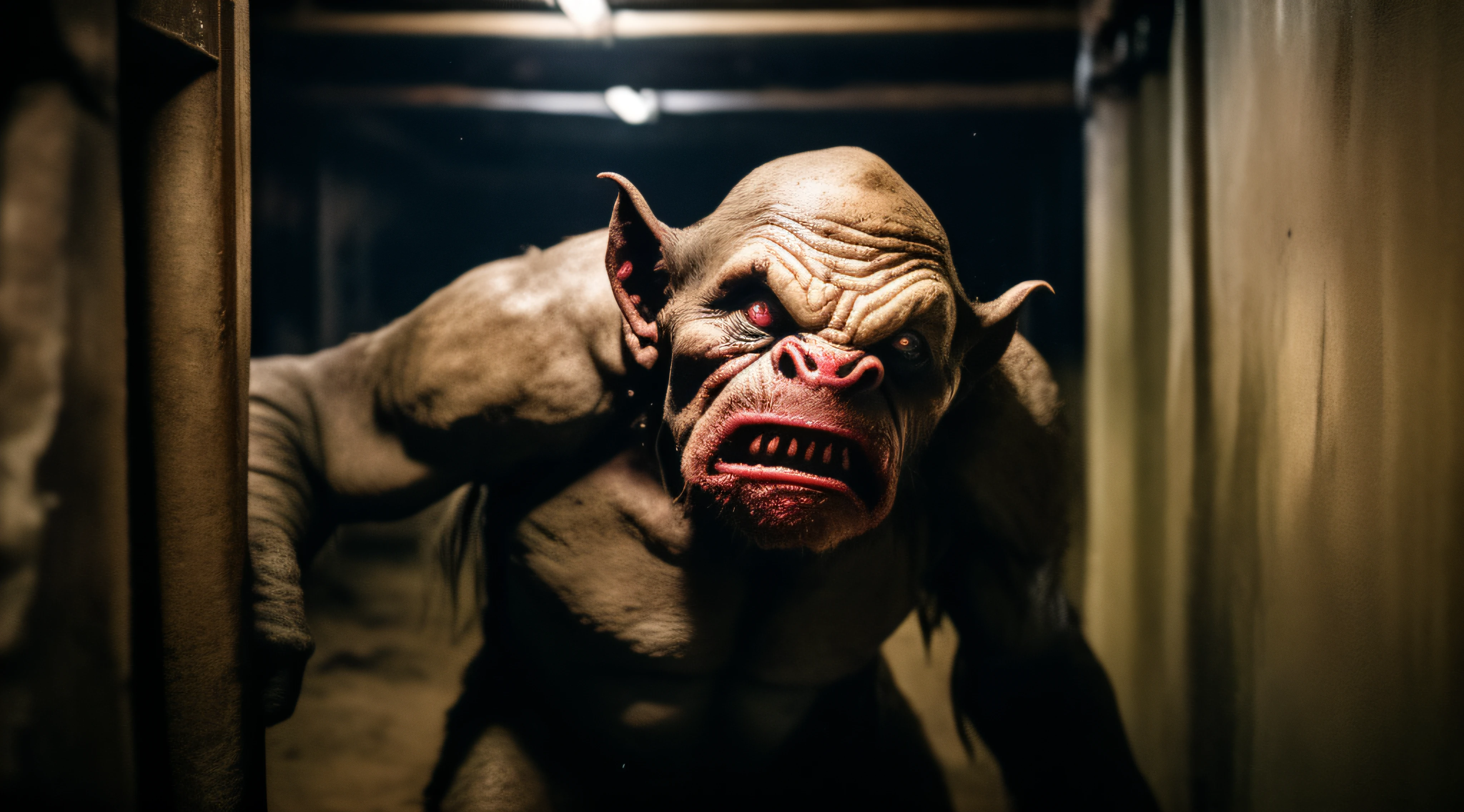 closeup shot photography of a dirt covered orc inside a abandonned warehouse by Tom Savini