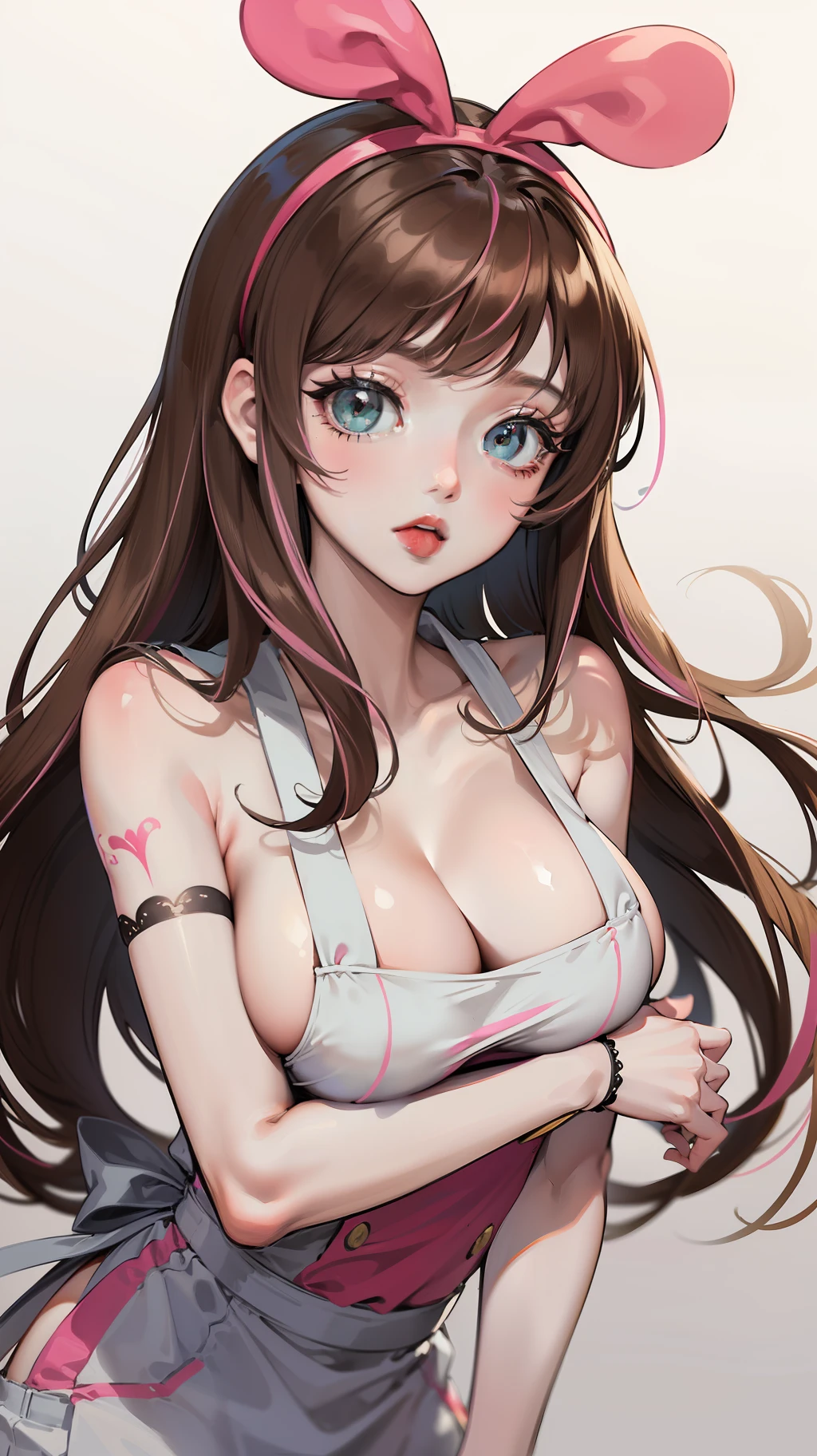 masterpiece, best quality, highres, 1girl, kizuna ai, large breasts ,long hair, brown hair, multicolored hair, floating hair, pink hairband, pink highlights, streaked hair, naked, apron, leaning forward, cleavage, tongue out , looking at viewer, breast tattoo, bare arms