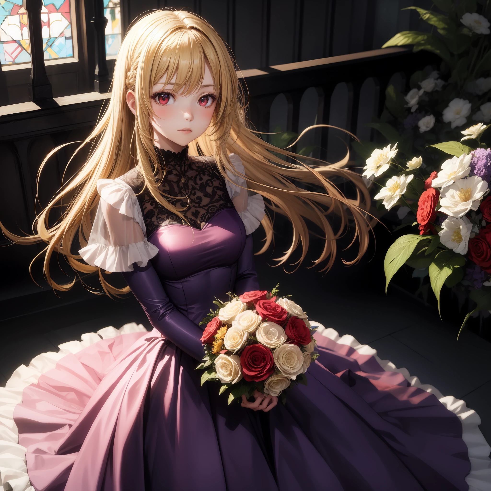 blonde, red eyes, girl, alone, solo, 1girl, light purple dress, bouquet, chapel