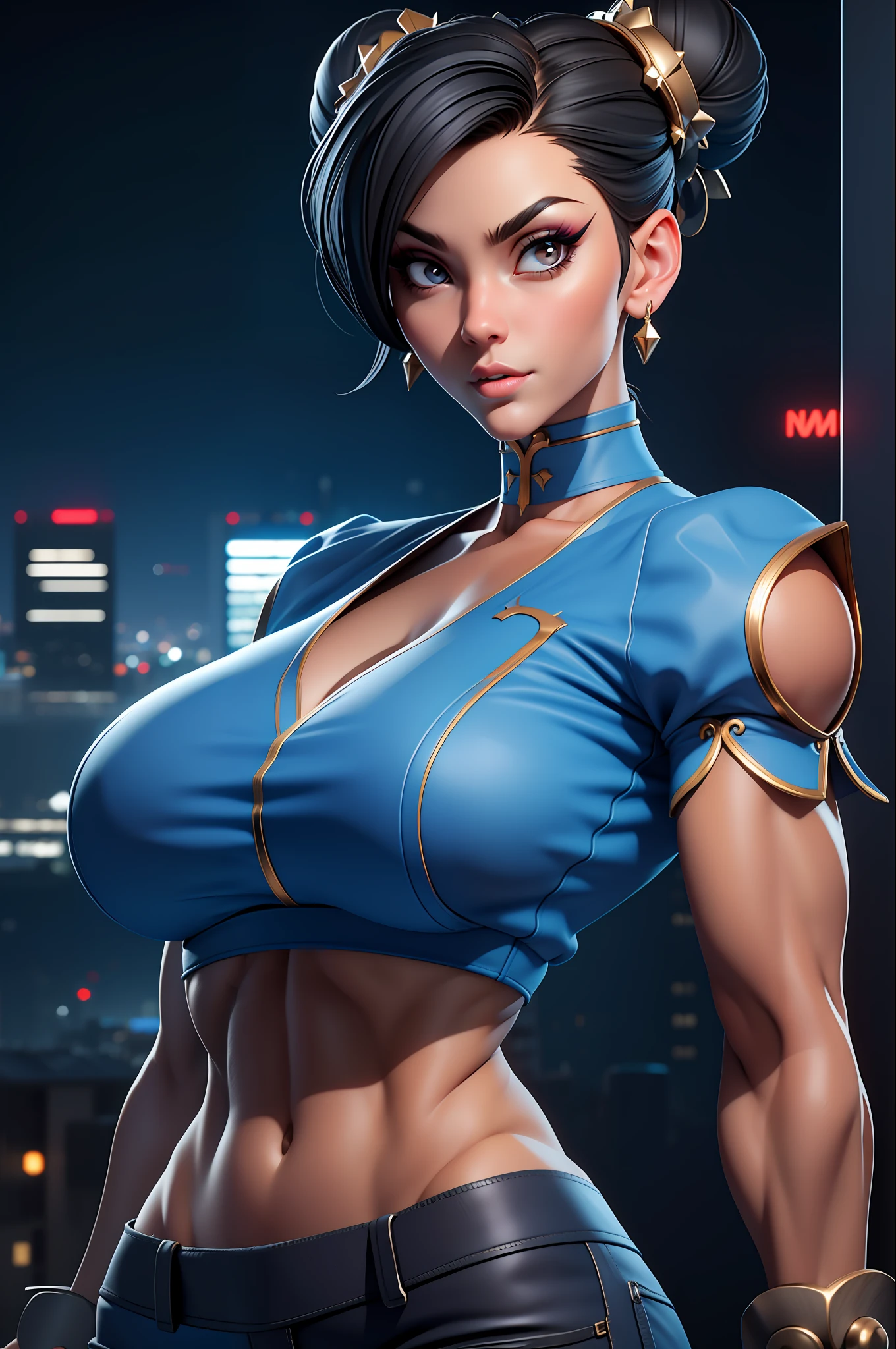 masterpiece, best quality,3d rending work ,3DMM style,close-up, 3D,1girl, solo, black hair, realistic, upper body, (urban city background:1.5), parted lips, choker, makeup, (large breasts:1.5) cleavage, exposed stomach, toned abs, toned arms, chun li, hair buns, blue clothes