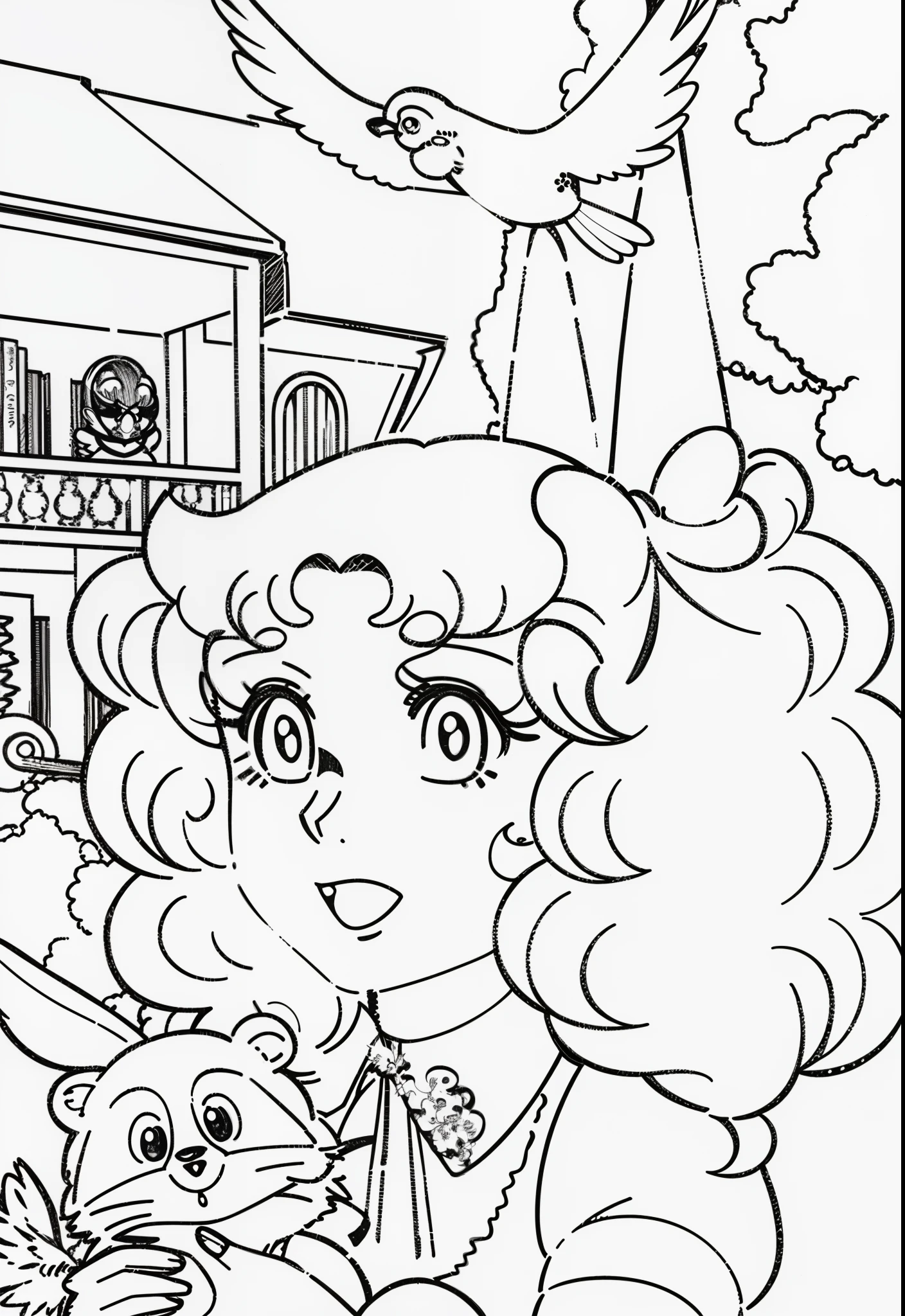 a cartoon girl with a bird flying over her head and holding a raccoon n in her hands, inspired by Kyoko Mizuki's Candy Candy and drawn by Yumiko Igarashi. Manga was originally published between October 5, 1975 and February 25, 1979.