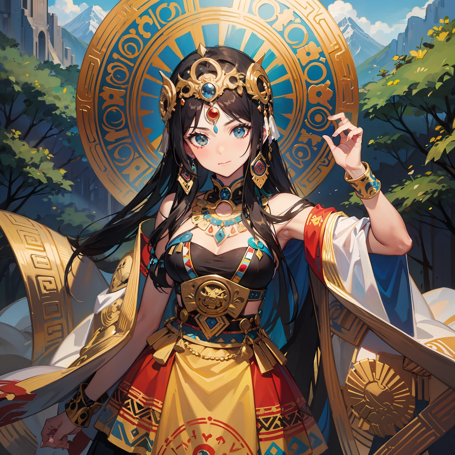 Aztec tribal queen with yellow and blue tribal markings and patterns, Mesoamerican, Mexica, blue and yellow beautiful dress, in the mountains,