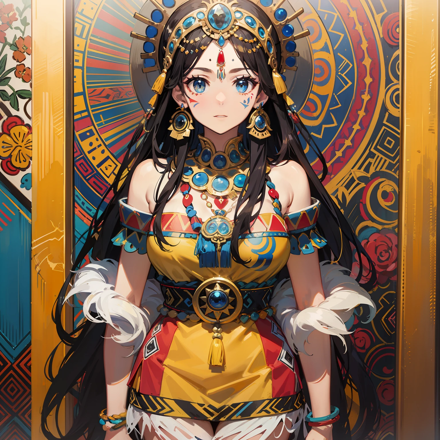 Aztec tribal queen with yellow and blue tribal markings and patterns, Mesoamerican, Mexica, blue and yellow beautiful dress, in the mountains,