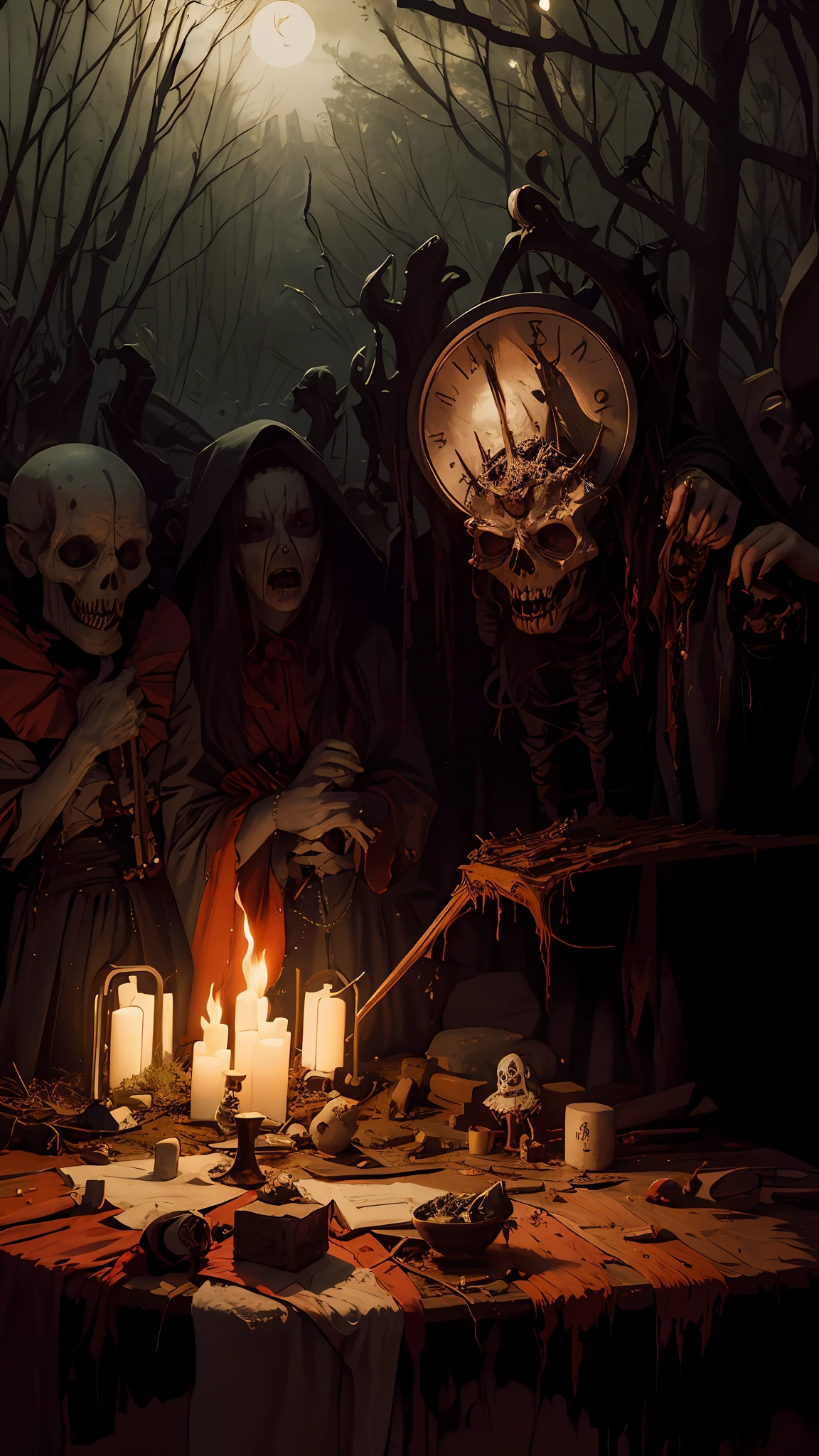 Haunted graveyard，Sinister shadows，Creepy abandoned house，Malevolent spirits，Bloodcurdling screams，Cursed dolls，Terrifying clowns，Macabre rituals，Grave robbers，Chilling whispers，Possessed mirrors，Haunted paintings，Creaking floorboards，Mysterious disappearances，Forbidden rituals