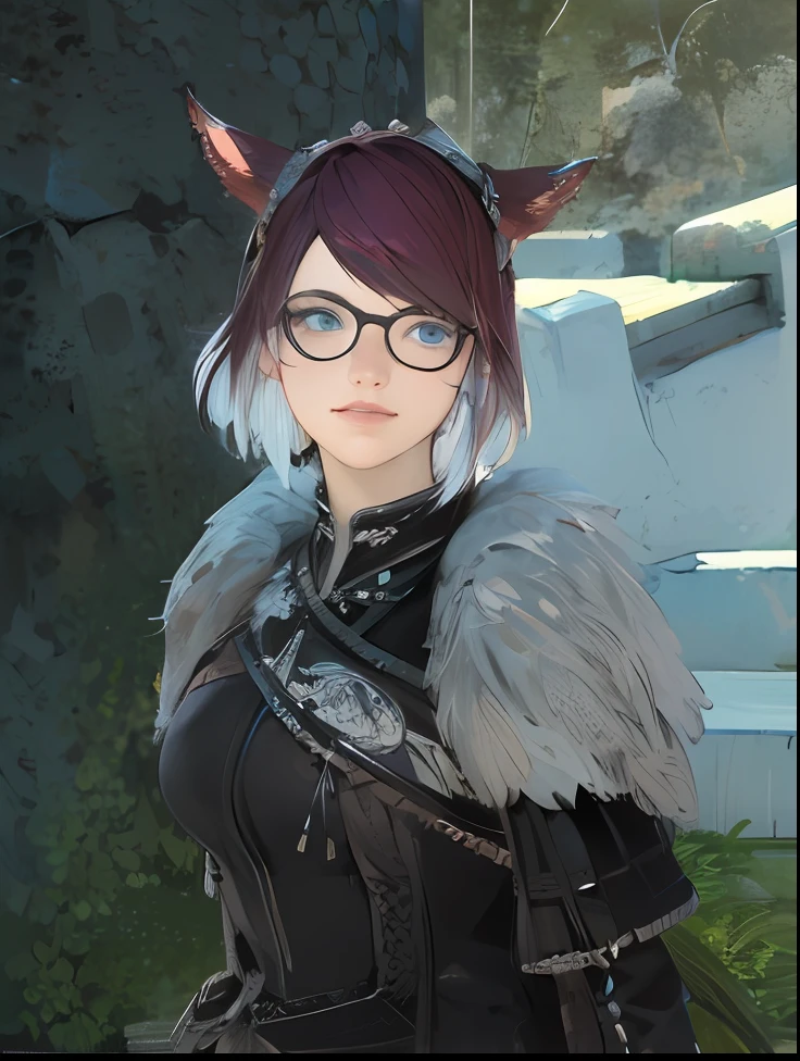 There is a woman with glasses and a black outfit in front of a stone wall, Final Fantasy 14 style, wearing Victorian sunglasses, woman with cat ears, close-up character, girl with cat ears, close-up character, wearing Victorian dark glasses, black pink frame. D&D, Portrait of a female wizard, female character, headshot of young female furry, smiling, blue eyes