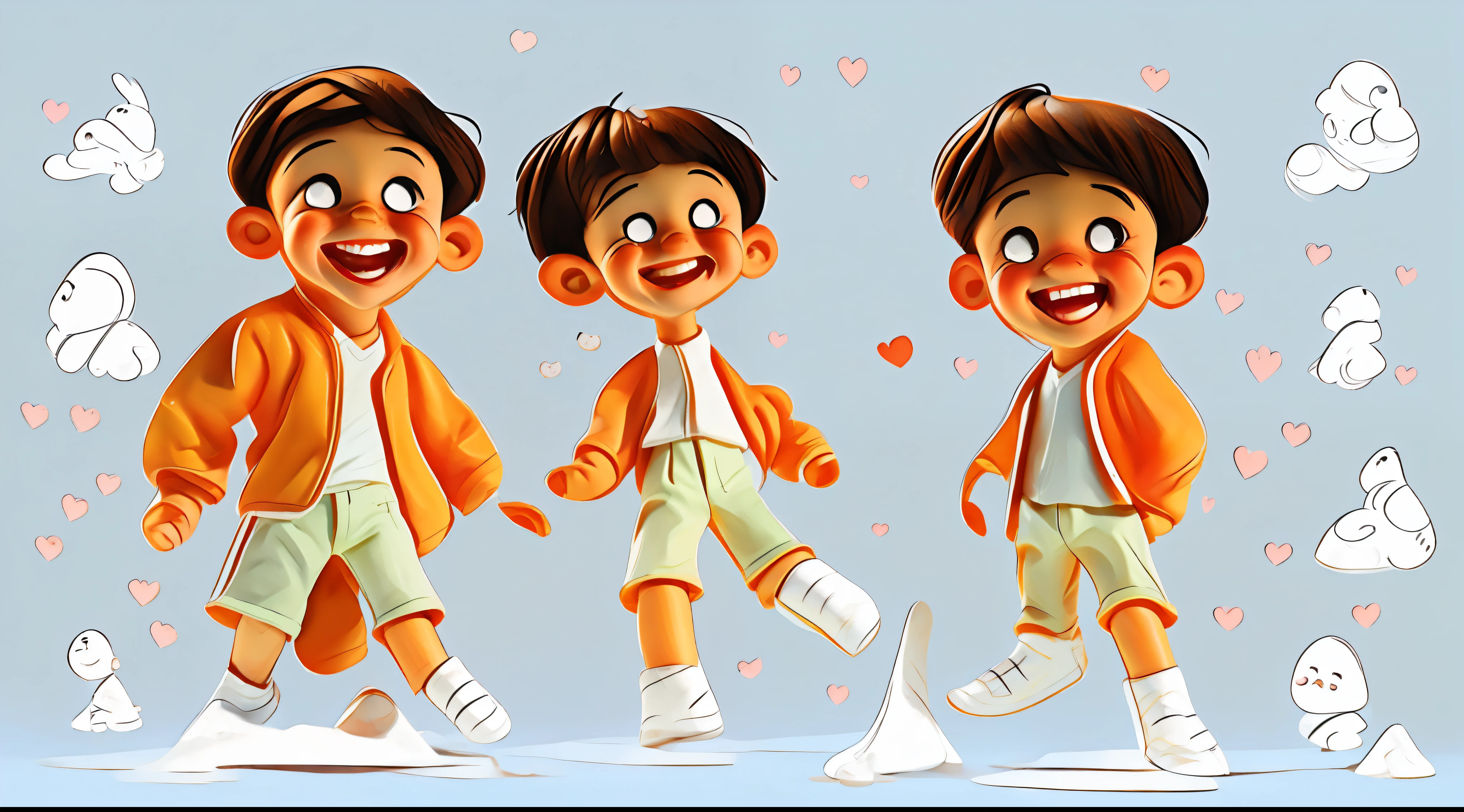 Just the main character of a children's book. Strike several different poses of the same character at different angles and contexts in the image. Children's book illustration. Boy, brown haired, smiling, very cheerful on a completely white background. Just focus on the character always full body.