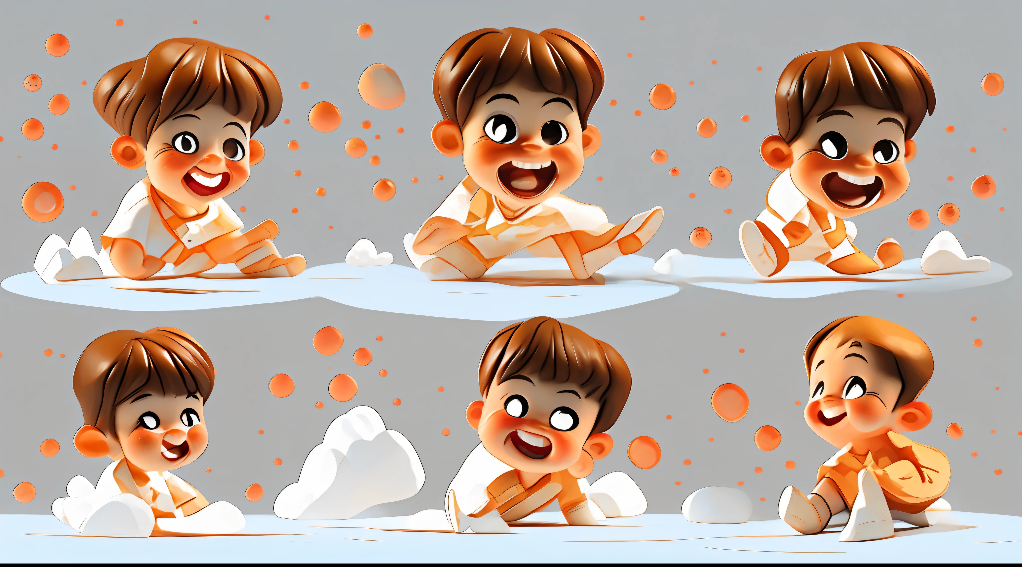 Just the main character of a children's book. Strike several different poses of the same character at different angles and contexts in the image. Children's book illustration. Boy, brown haired, smiling, very cheerful on a completely white background. Just focus on the character always full body.