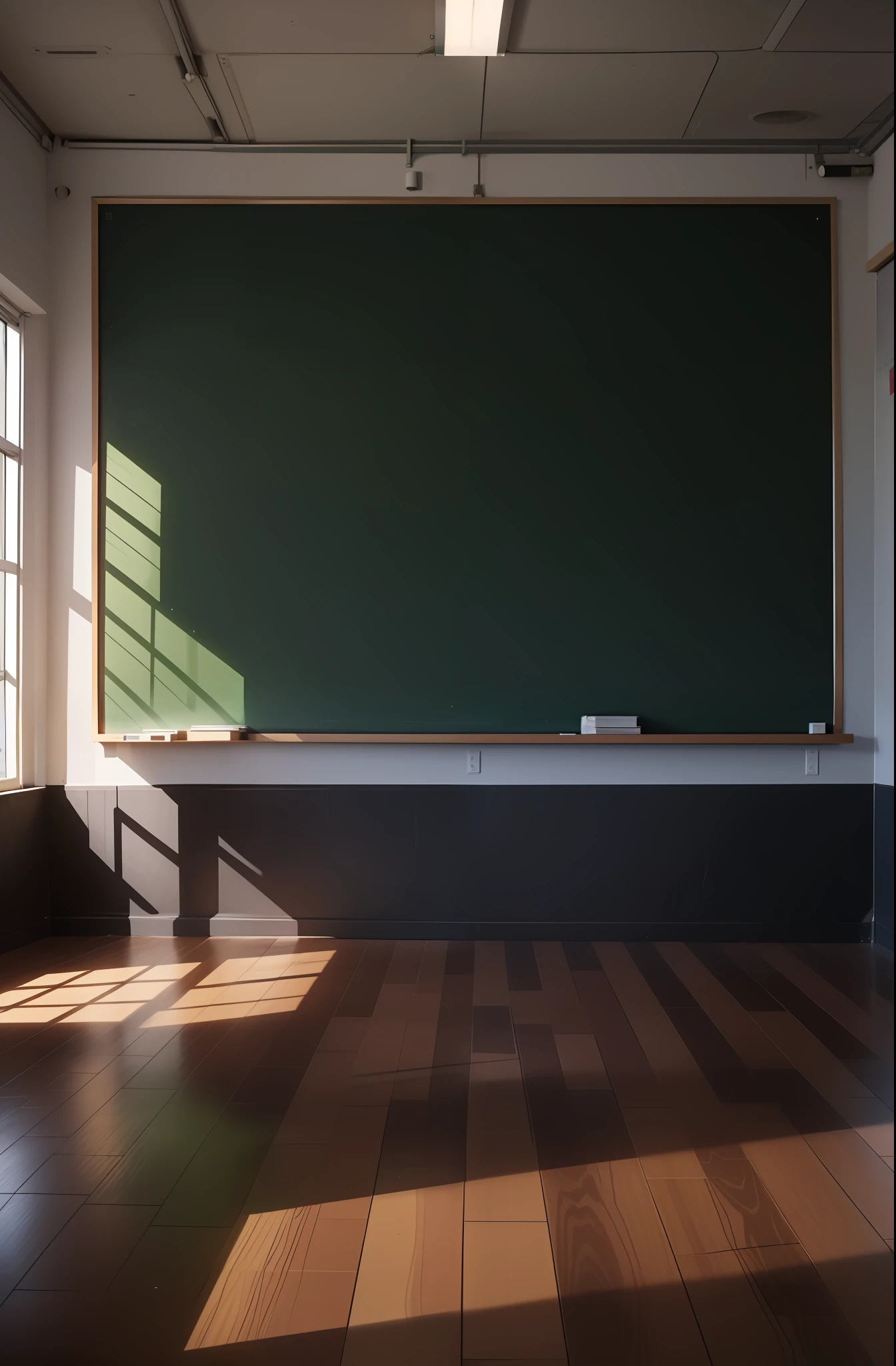 "Empty classroom, blackboard in the center."