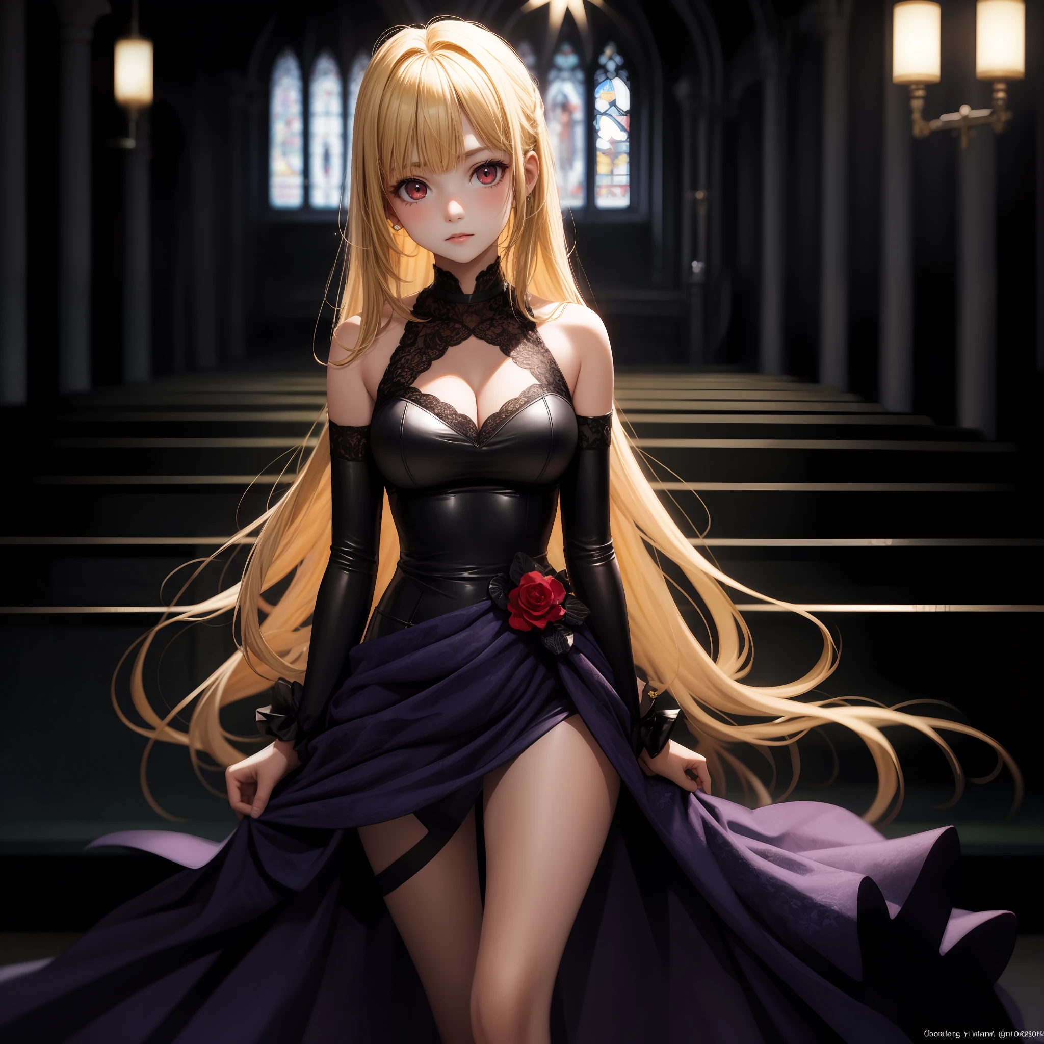 blonde, red eyes, girl, alone, solo, 1girl, dark purple dress, chapel