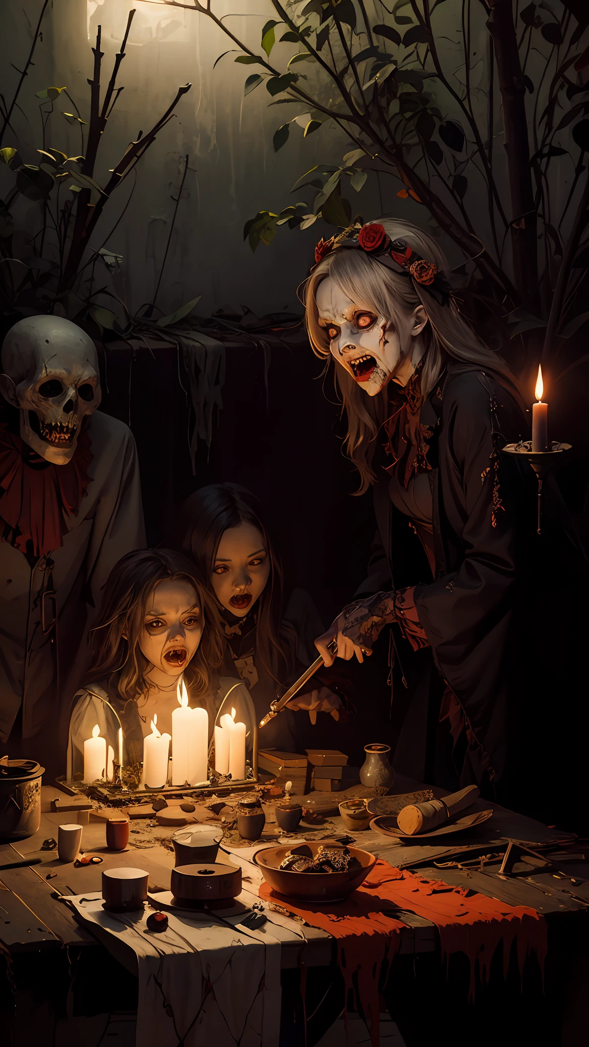 Haunted graveyard,Sinister shadows,Creepy abandoned house,Malevolent spirits,Bloodcurdling screams,Cursed dolls,Terrifying clowns,Macabre rituals,Grave robbers,Chilling whispers,Possessed mirrors,Haunted paintings,Creaking floorboards,Mysterious disappearances,Forbidden rituals