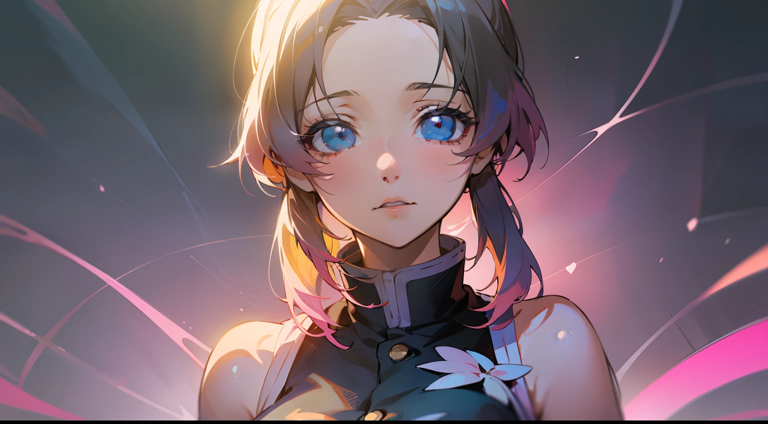 a portrait of a anime girl, mangá style of trait, Koyoharu Gotōge style of art, pink sleeveless sweater, clear and detailed eyes, ultra detailed blue eyes, shoulder length hairstyles with short bangs, shiny blonde hair, medium breasts, digital art, ultra detailed art, full hd art, ultra detailed, beautiful, cute and adorable, lights, extremely, cinematic angle, digital art, matte painting, epic, highly detailed, vibrant, production cinematic character render, perfect body, ultra high quality model, beautiful face, 4k resolution, masterpiece, insanely detailed, perfect eyes, reflective eyes