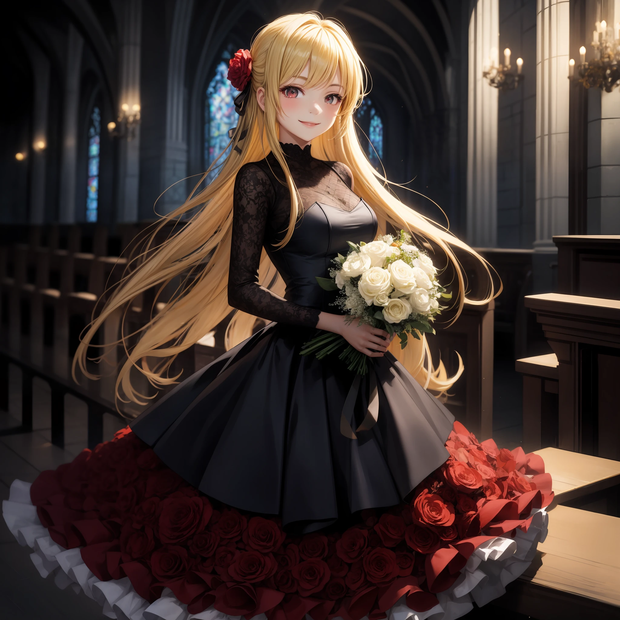 blonde, red eyes, girl, alone, solo, 1girl, color dress, chapel, bouquet, smile