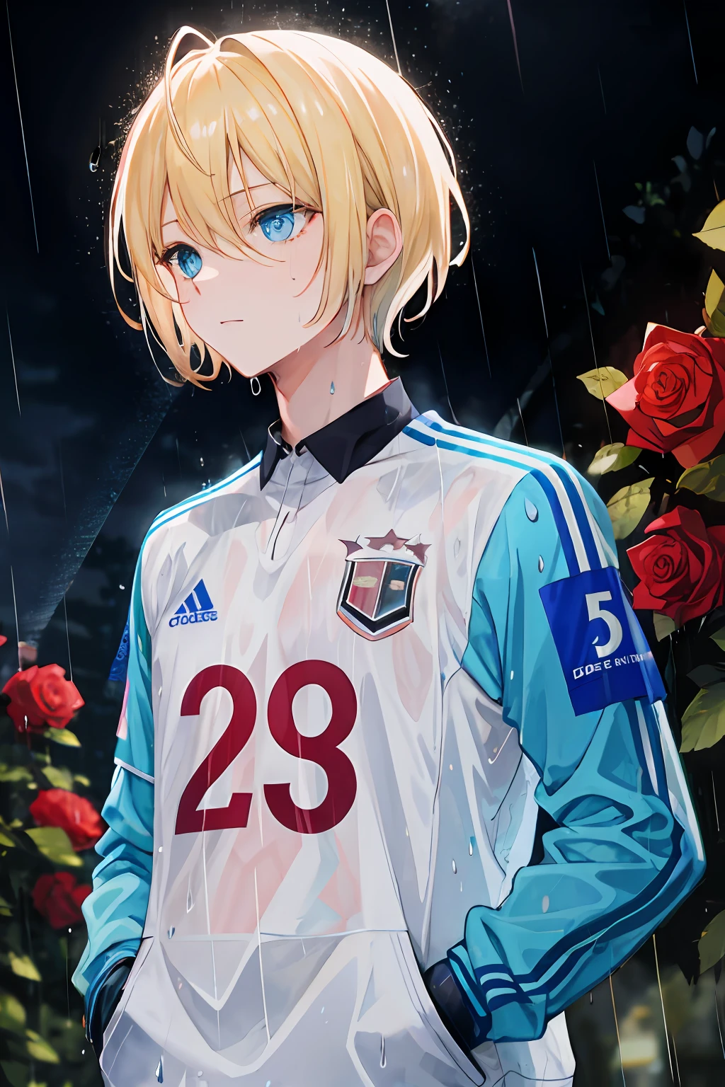masterpiece, best quality, highres, 1man, short hair, medium breasts, short blond hair, cyan blue eyes, azure blue lock, German team football jersey, (rain:1.3), hands in pockets, sweating, heavy breathing, rose tattoo in the neck