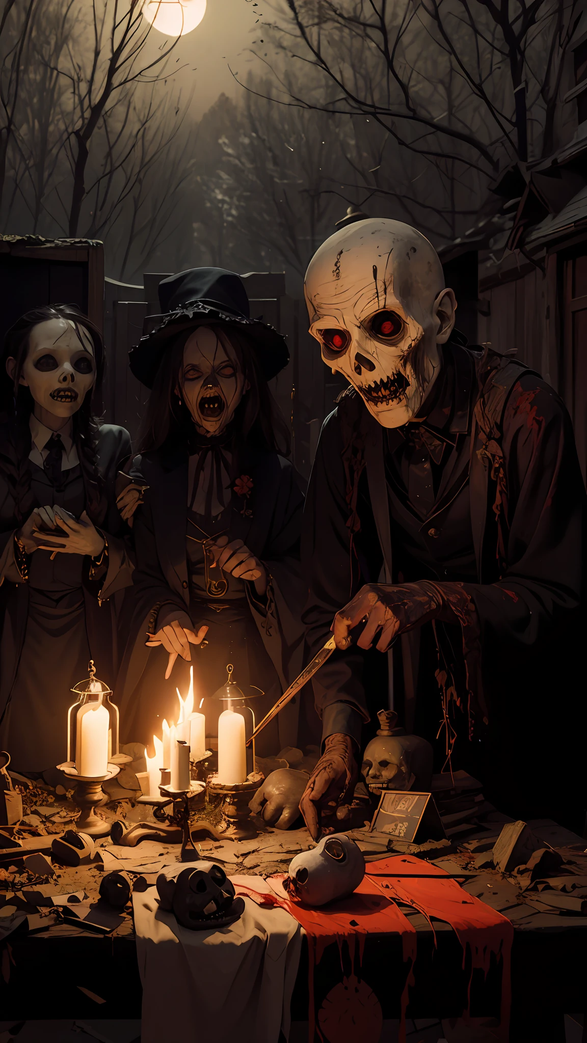 Haunted graveyard，Sinister shadows，Creepy abandoned house，Malevolent spirits，Bloodcurdling screams，Cursed dolls，Terrifying clowns，Macabre rituals，Grave robbers，Chilling whispers，Possessed mirrors，Haunted paintings，Creaking floorboards，Mysterious disappearances，Forbidden rituals