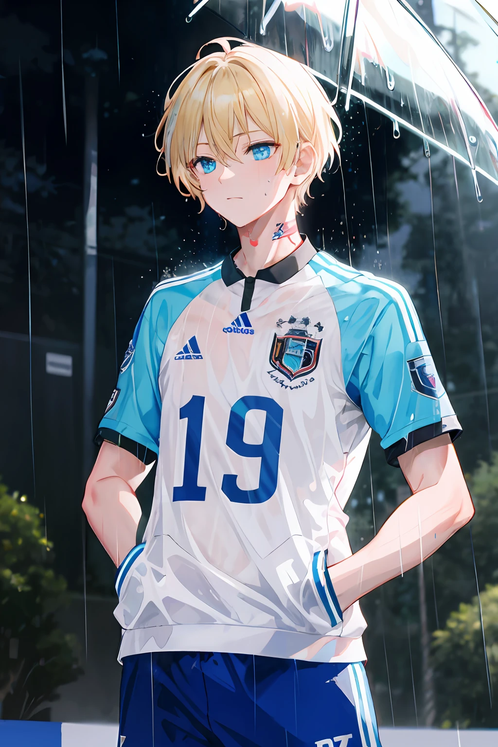 masterpiece, best quality, highres, 1boy, short hair, medium, short blond hair, cyan blue eyes, azure blue lock, German team football jersey, (rain:1.3), hands in pockets, sweating, heavy breathing, rose tattoo on the back of the neck