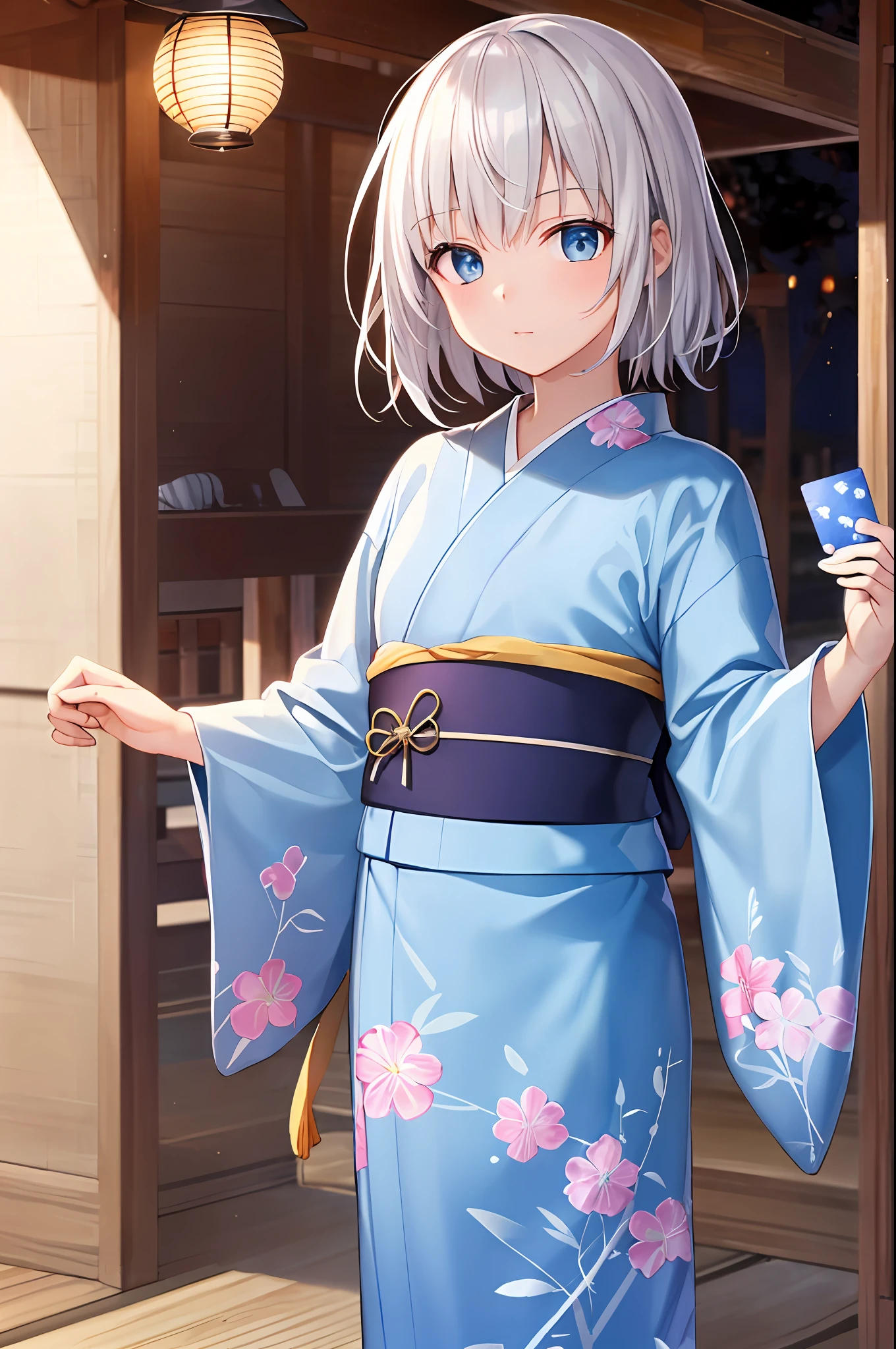 night,milky way,starry sky,ceiling,very wide shot,bamboo grass,
very cute female child,10 yo,white hair,bangs,medium hair,blue eyes,holding card,
yukata,kanzashi,standing,
1girl, solo,
BREAK
(masterpiece, best quality,ultra-detailed)
(Highly detailed CG Unity 8k wallpaper, masterpiece, top quality, super detail)