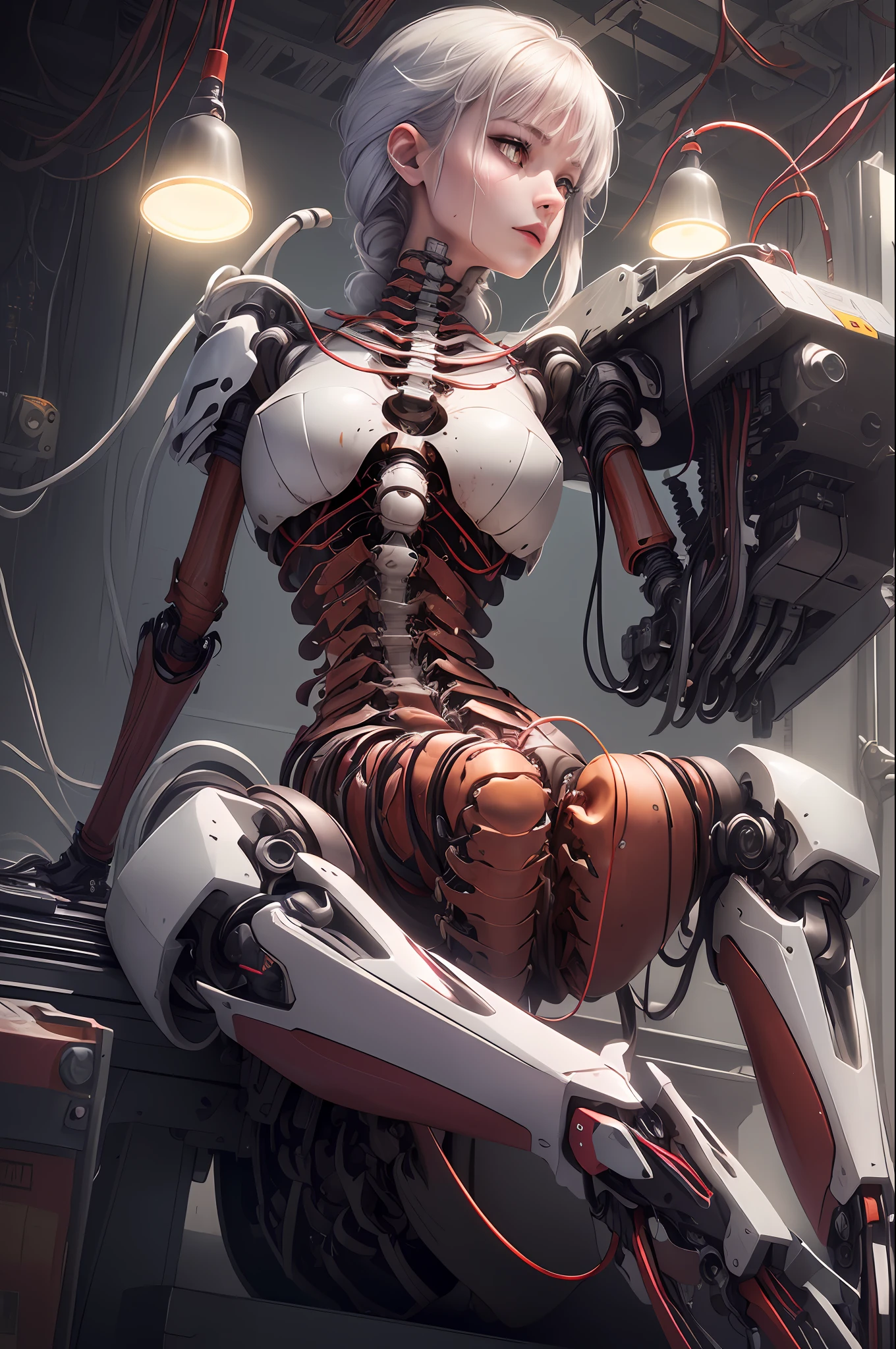 (((Masterpiece)))), (((High Quality)))), ((Ultra Definition)), (Very Detailed Photoreality), (((Very Delicate and Beautiful)), (Delicate and Beautiful Face), Cinematic Light, (((1 Machine Girl)), Solo, Full Body, Large, Visible Skin, White Hair, Cybernetic Angel, Purple Eyes, Luminous Eyes, (Mechanical Joint: 1.4), (Mechanical Limbs)), (Blood Vessels Connected to Tubes), ((Mechanical Vertebrae Attached to the Back)), ((Cervical Vertebrae of the Machine) attached to the neck)), (((sitting)), expressionless, (wires and cables connected to the head and body: 1.5), (character focus), small LED lamps on the body, science fiction, detailed neon