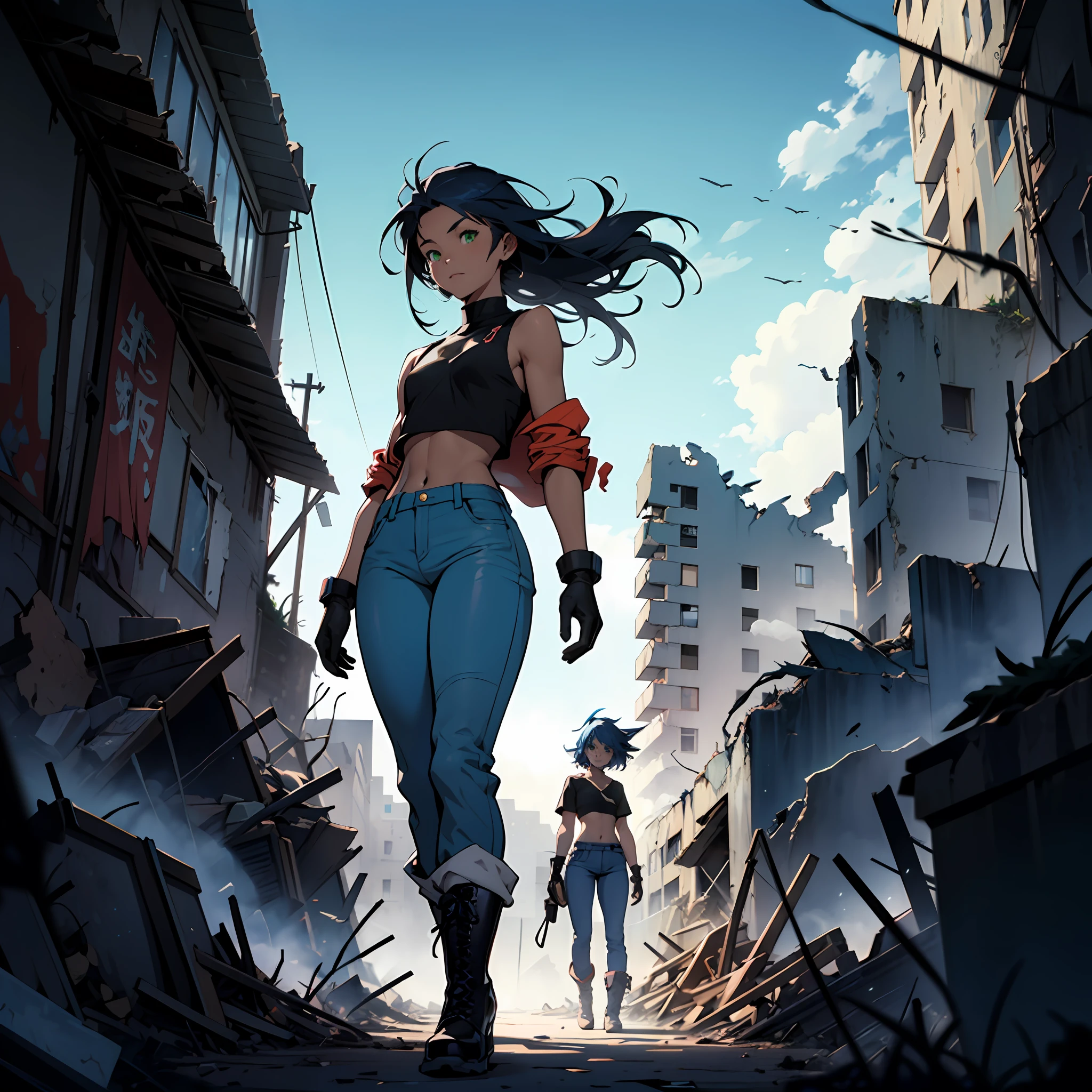 (1girl), A girl, small chest, dark blue hair, long disheveled hair, brown skin, green eyes, blue pants, high black boots, black croptop, high black gloves, young, apocalyptic background, Ruins, destroyed city, night, anime, 2d, cartoon, comic --maturemalemix