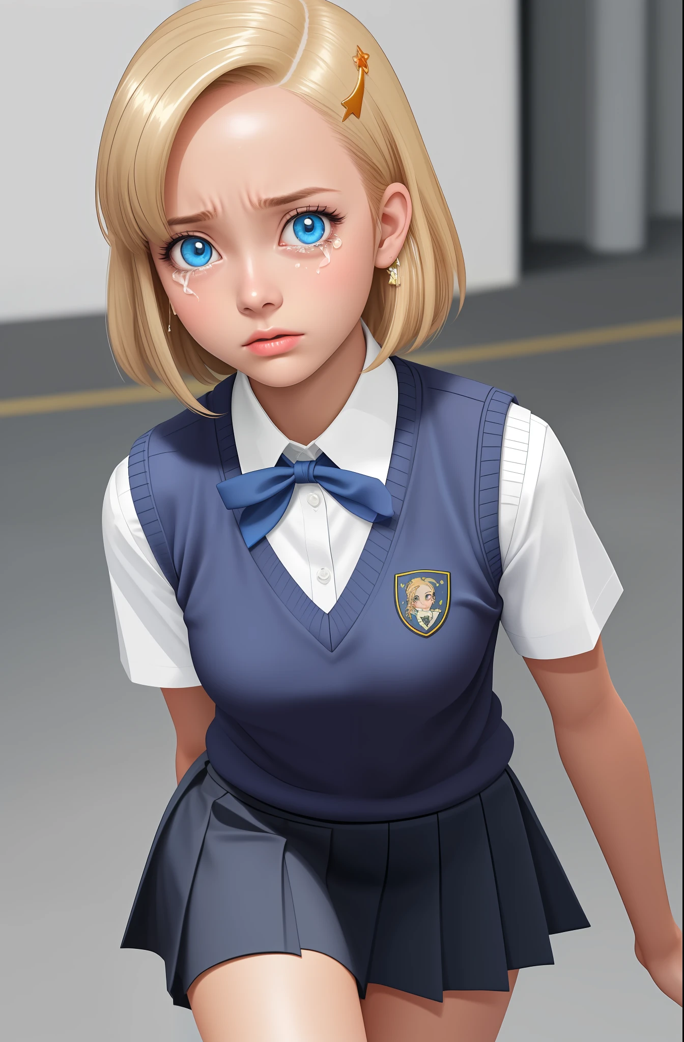 professional photo of angolmois, 1girl, solo, looking at viewer, desperate look, fear, crying, skirt, hair ornament, school uniform, tie, socks, hair clip, sweater vest, detailed skin, detailed eyes, detailed face, shimmering blue eyes, volumetric light, highrez, masterpiece, best quality,