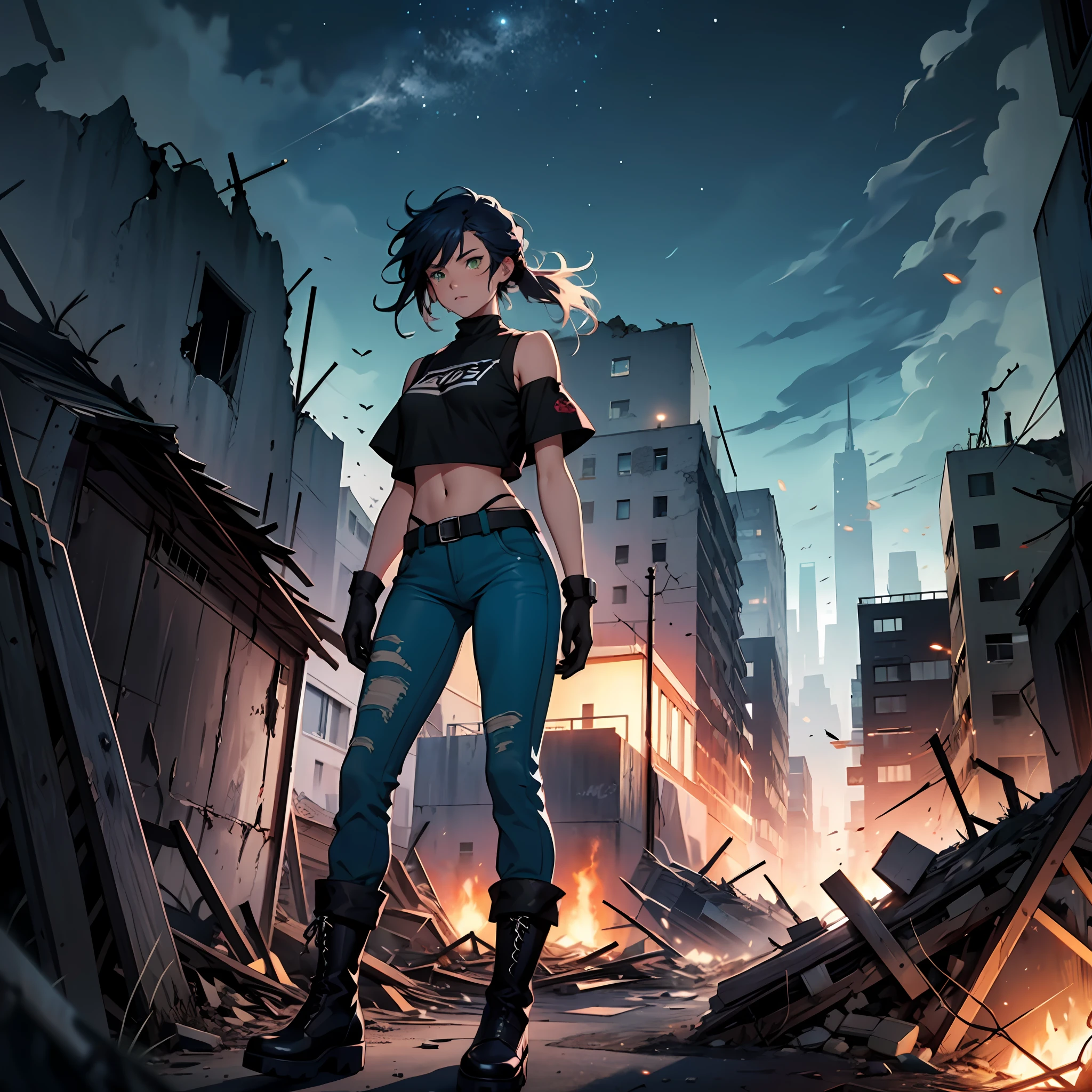 (1girl), A girl, small chest, dark blue hair, long disheveled hair, brown skin, green eyes, blue pants, high black boots, black croptop, high black gloves, young, apocalyptic background, Ruins, destroyed city, night, anime, 2d, cartoon, comic --maturemalemix