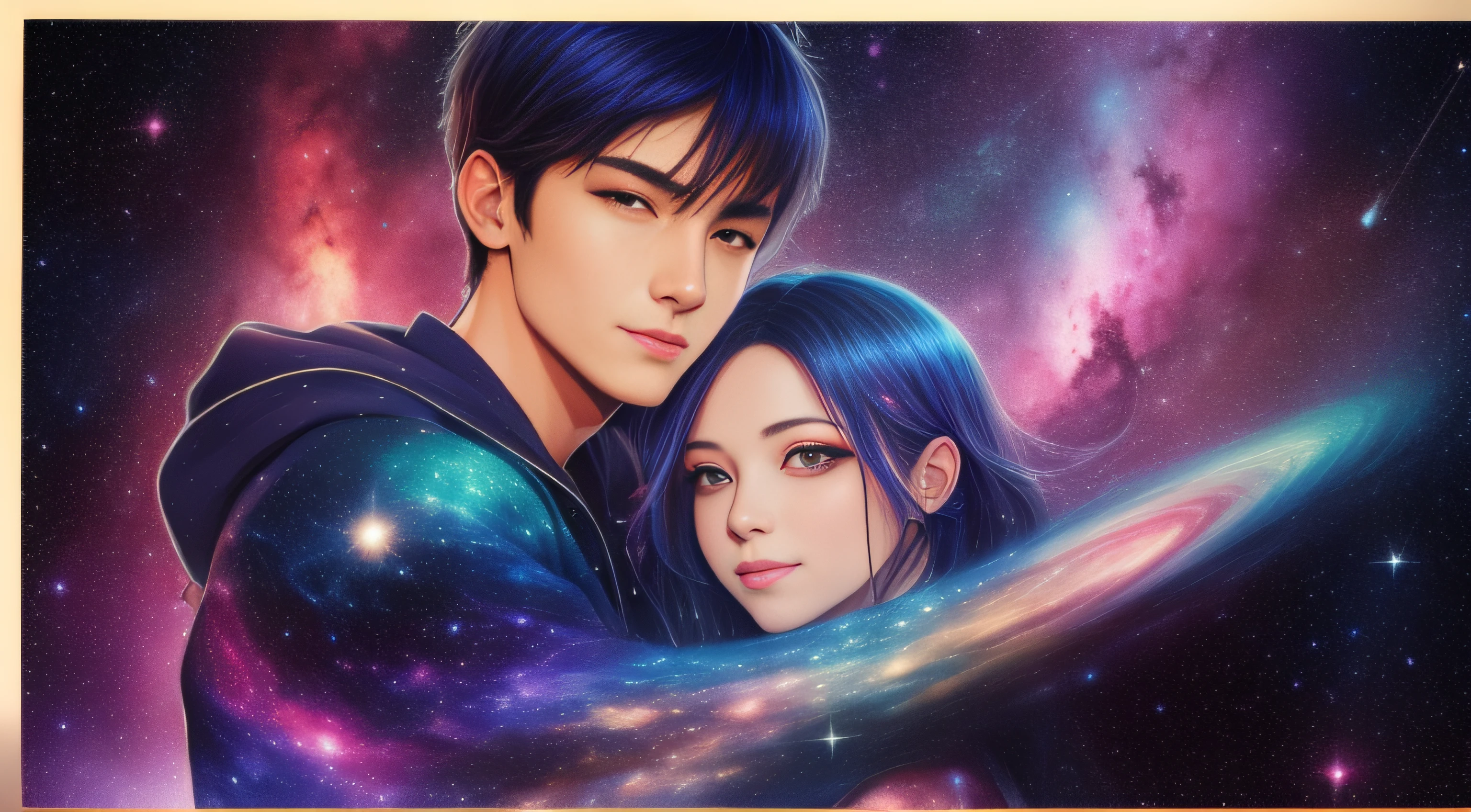 iridescent galaxy, universe, beautiful stars, drawing happy couple, holding hands, mysterious art, cosmic mystery, fantasy art, perfect face, perfect limbs, perfect eyes, perfect mouth, perfect nose, beautiful limbs,