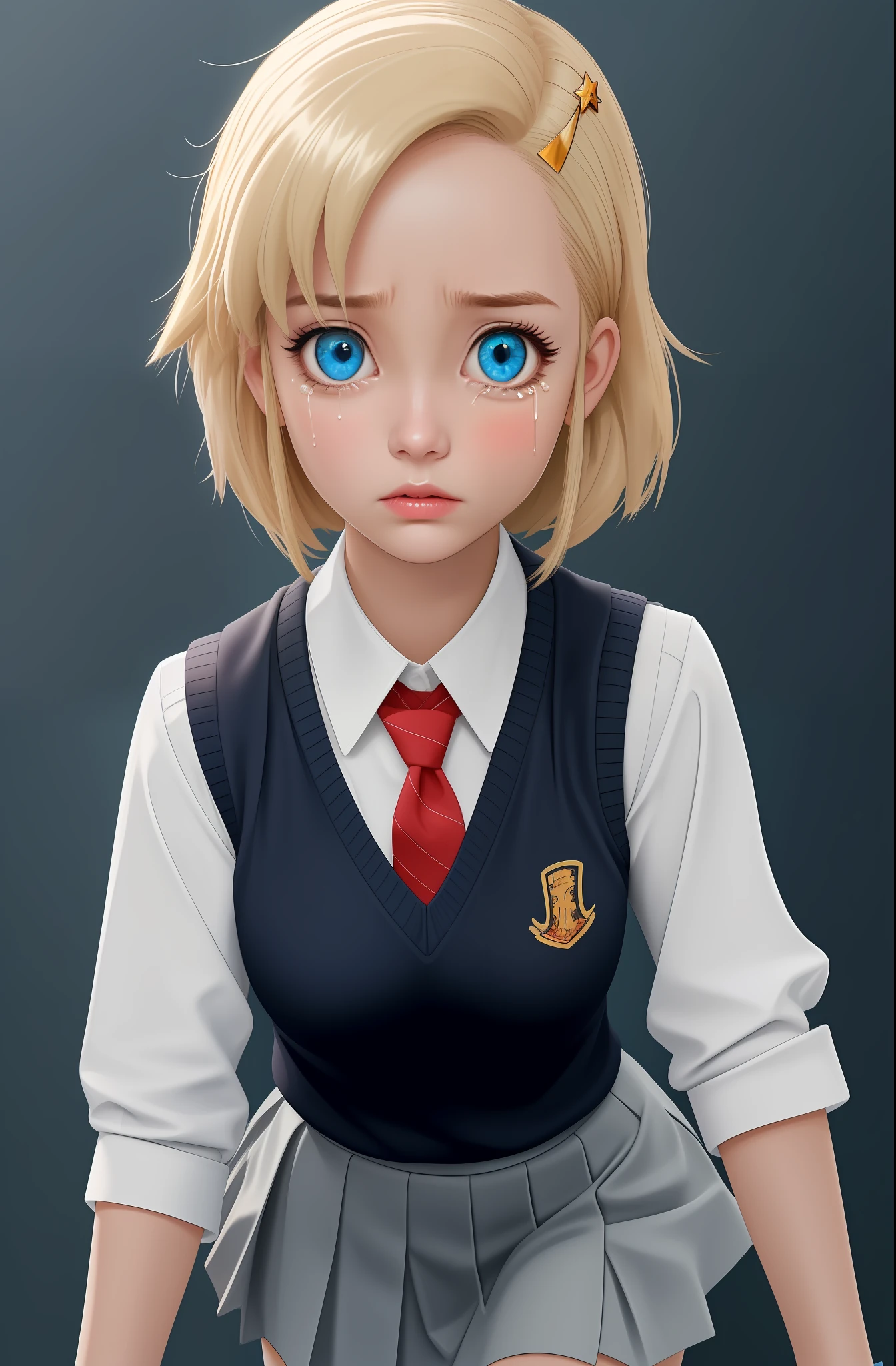 professional photo of angolmois, 1girl, solo, looking at viewer, desperate look, fear, crying, skirt, hair ornament, school uniform, tie, socks, hair clip, sweater vest, detailed skin, detailed eyes, detailed face, shimmering blue eyes, volumetric light, highrez, masterpiece, best quality,