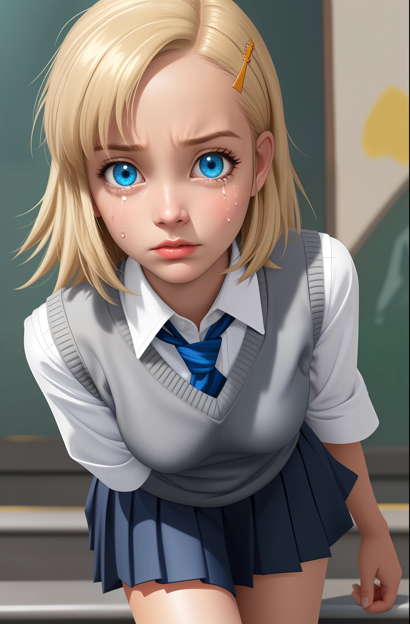 professional photo of angolmois, 1girl, solo, looking at viewer, desperate look, fear, crying, skirt, hair ornament, school uniform, tie, socks, hair clip, sweater vest, detailed skin, detailed eyes, detailed face, shimmering blue eyes, volumetric light, highrez, masterpiece, best quality,