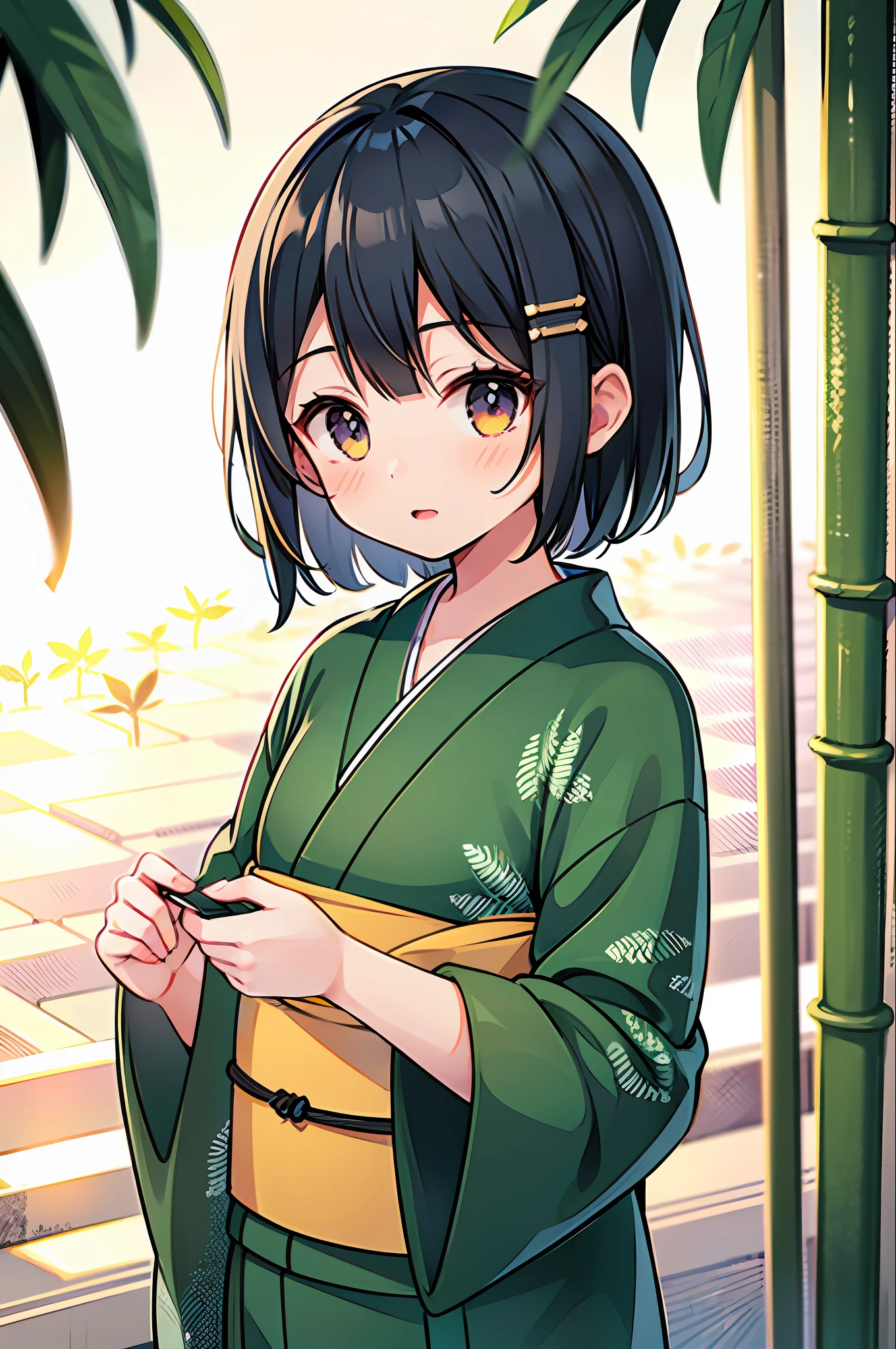 Top Quality, Ultra High Resolution, 16 year old girl 1, short hair, black hair, hair ornament, yukata, bamboo leaves, strips