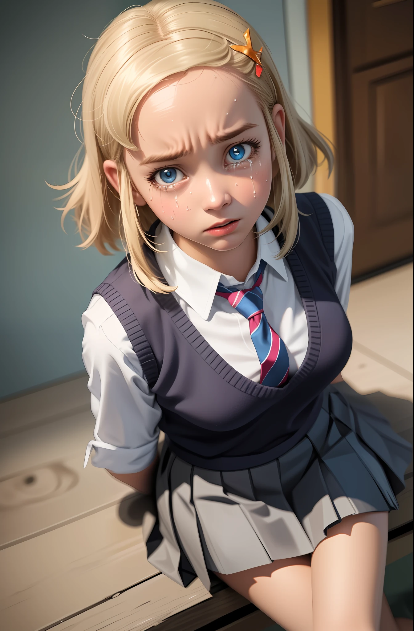 professional photo of angolmois, 1girl, solo, looking at viewer, desperate look, fear, crying a lot, skirt, hair ornament, school uniform, tie, socks, hair clip, sweat vest, detailed skin, detailed eyes, detailed face, shimmering blue eyes, volumetric light, highrez, masterpiece, best quality,