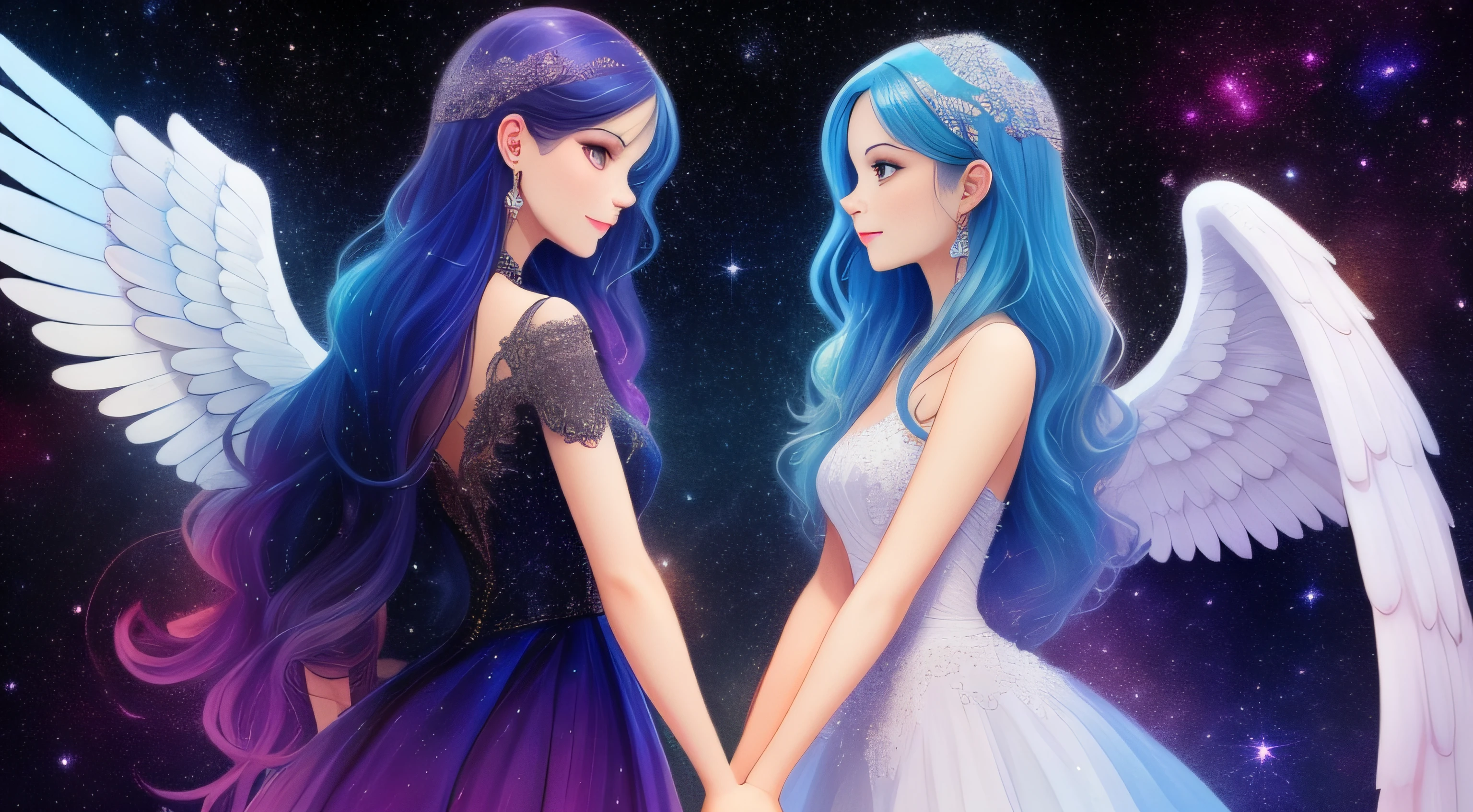 iridescent galaxy, universe, beautiful stars, drawing happy couple, holding hands, mysterious art, cosmic mystery, fantasy art, perfect face, perfect limbs, perfect eyes, perfect mouth, perfect nose, beautiful limbs, angel wings