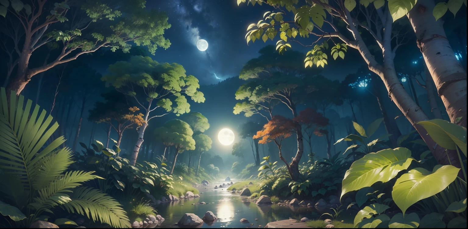 Magical forest with moonlight and stars in night sky 8K ultra realistic (no person) background rainforest style wallpaper at night --auto --s2