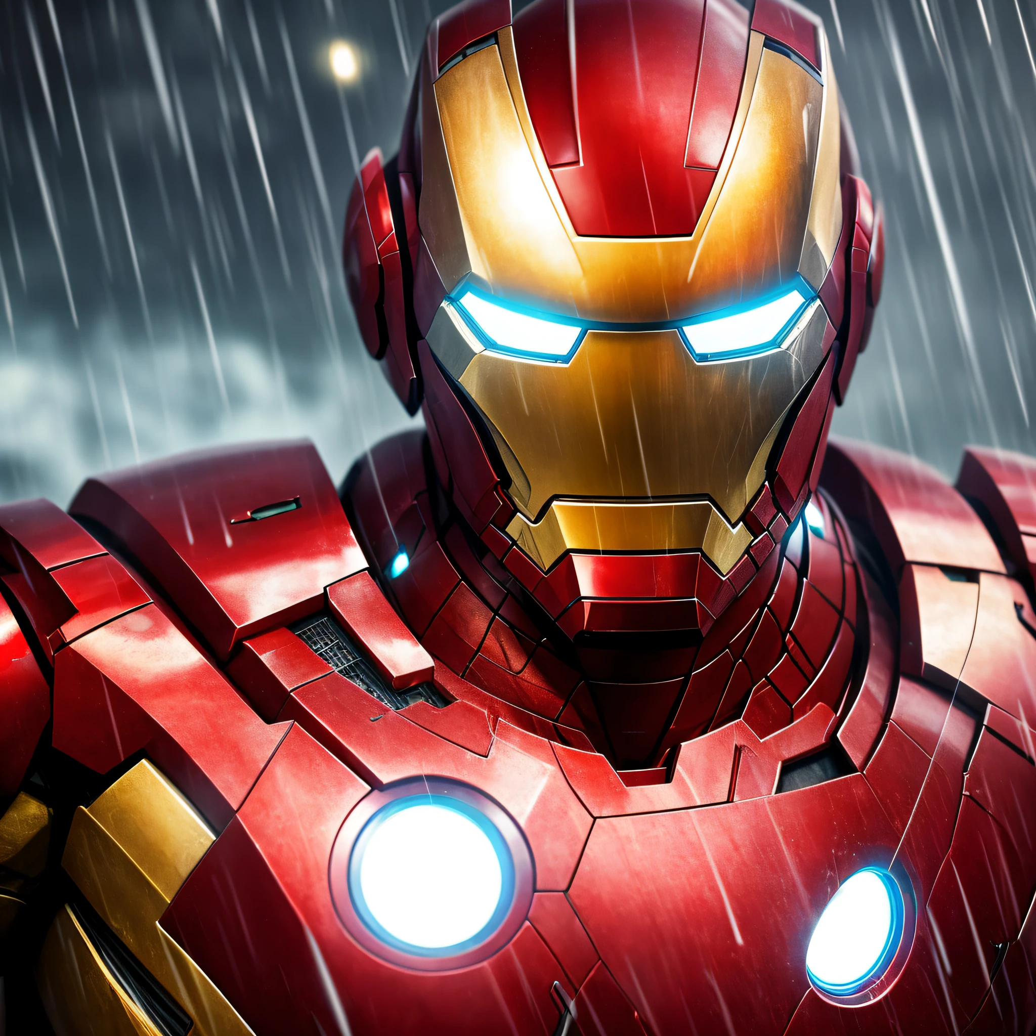 Iron man, close up, realistc, rain, stare, armor, fine rain, dark place, The scenery is lush and mysterious, with futuristic technology and surroundings.8k, raw, masterpiece. --auto