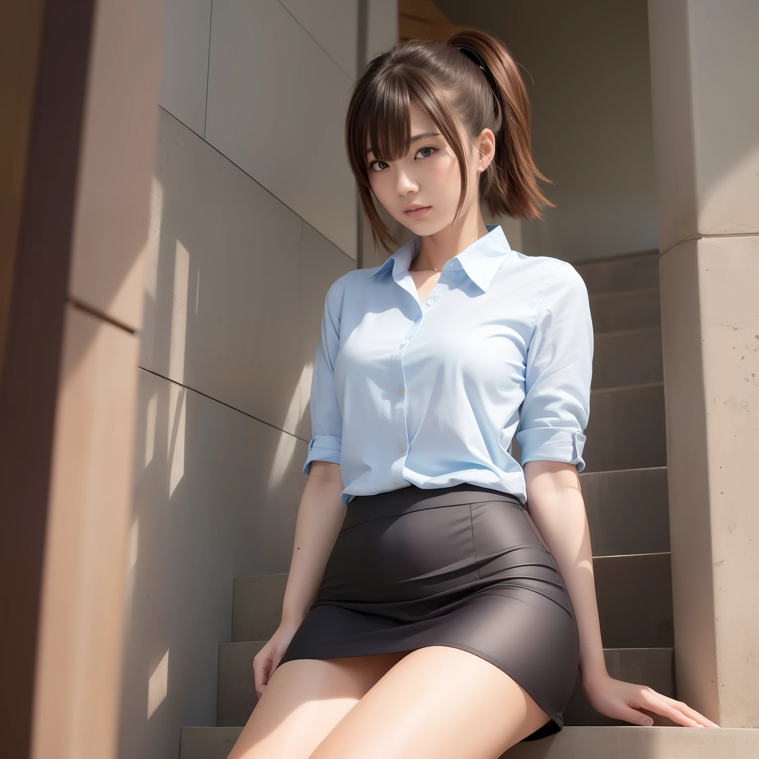 Real girl sitting on stairs with legs crossed, (SFW) safe to work, casual pose, realistic office lady, office clothes, gate body collection style, small hips, knee-length skirt, long skirt, light blue knit, marine Kitagawa fan art, work clothes, seductive real girl, casual outfit, Makoto Shinka, fully dressed!、 attractive real girl, Shoko Nishimiya, THICC