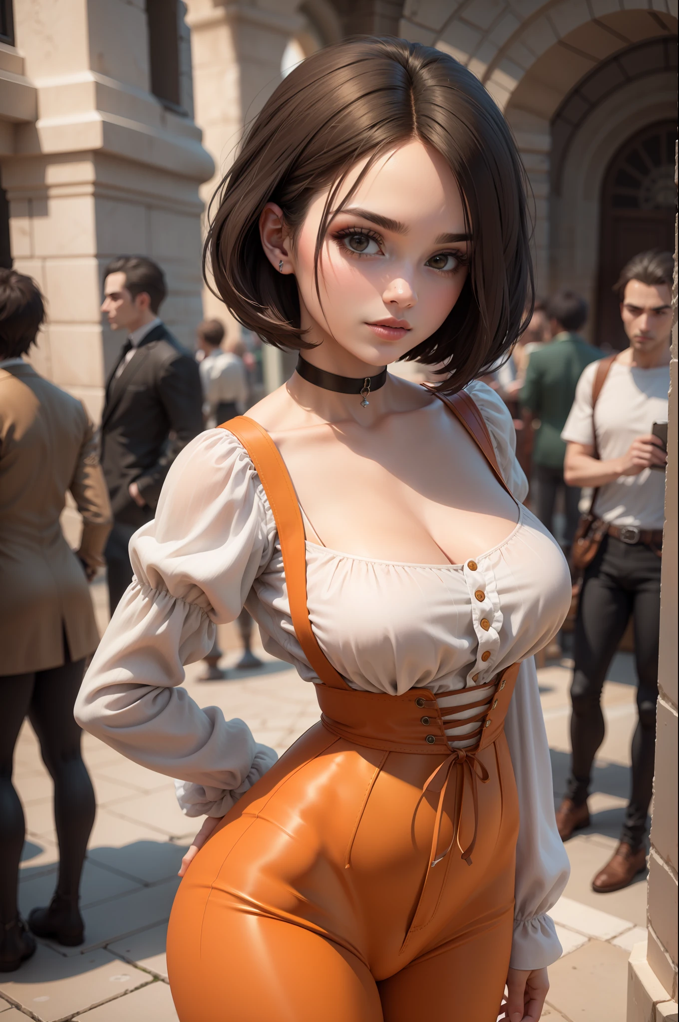 masterpiece, best quality,3d rending work ,3DMM style,close-up, 3D,1girl, solo, black hair, realistic, upper body, fantasy castle background, parted lips, choker, makeup, (medium perky breasts) realistic natural breasts, cleavage, garnet, ffix, skin tight orange pants, orange suspenders, white shirt with frills, short black hair, egyptian bob haircut