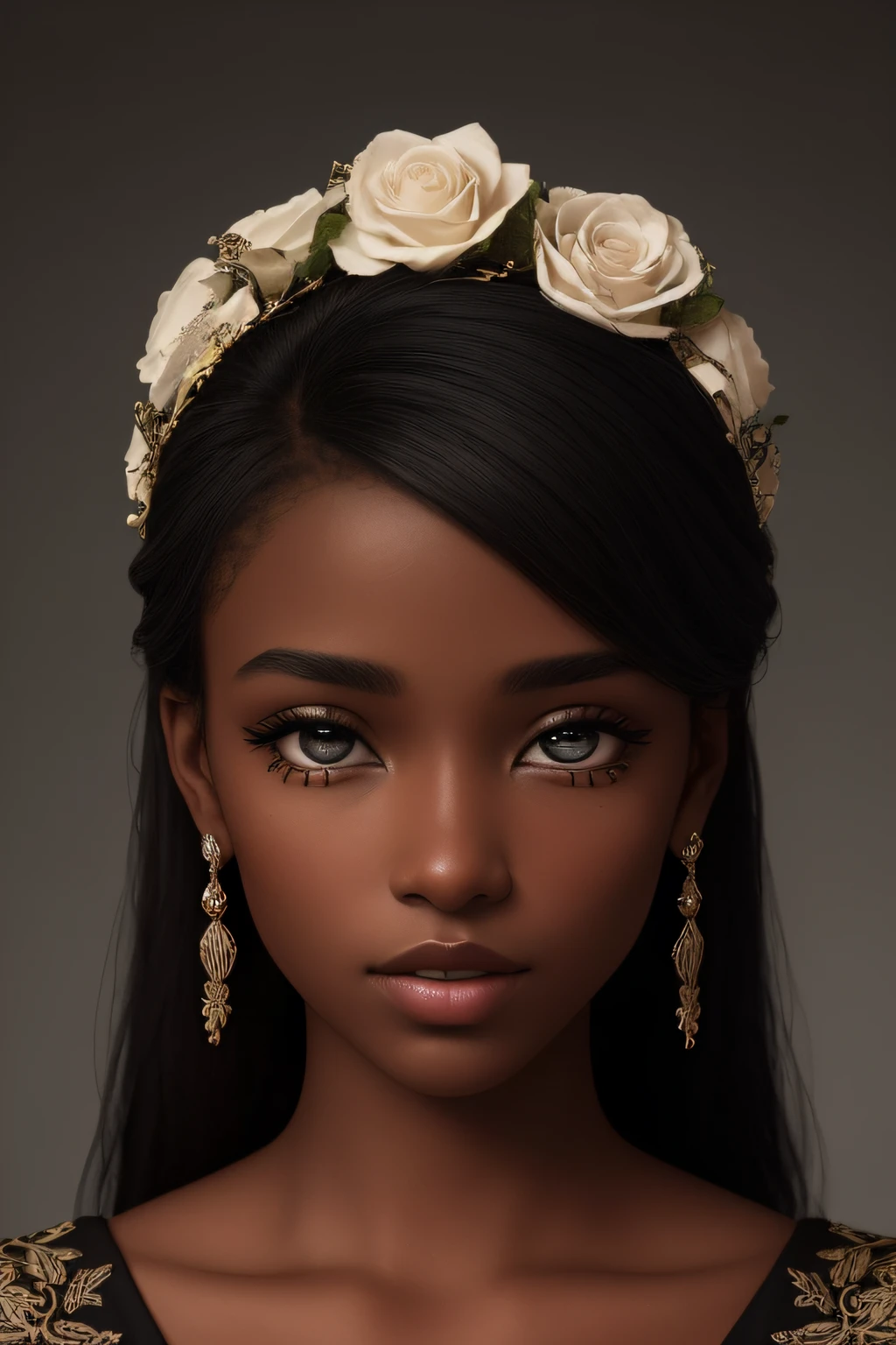 beautiful black girl of 18 years, Colombian from Cartagena, with flowers on her head in the style of the black palenqueras of Cartagena, dark skin, style, realistic, award-winning photo, (very detailed symmetrical eyes, fantastic eyes, intricate eyes: detailed background, high quality, perfect, ultra hd 8k cinematic lighting