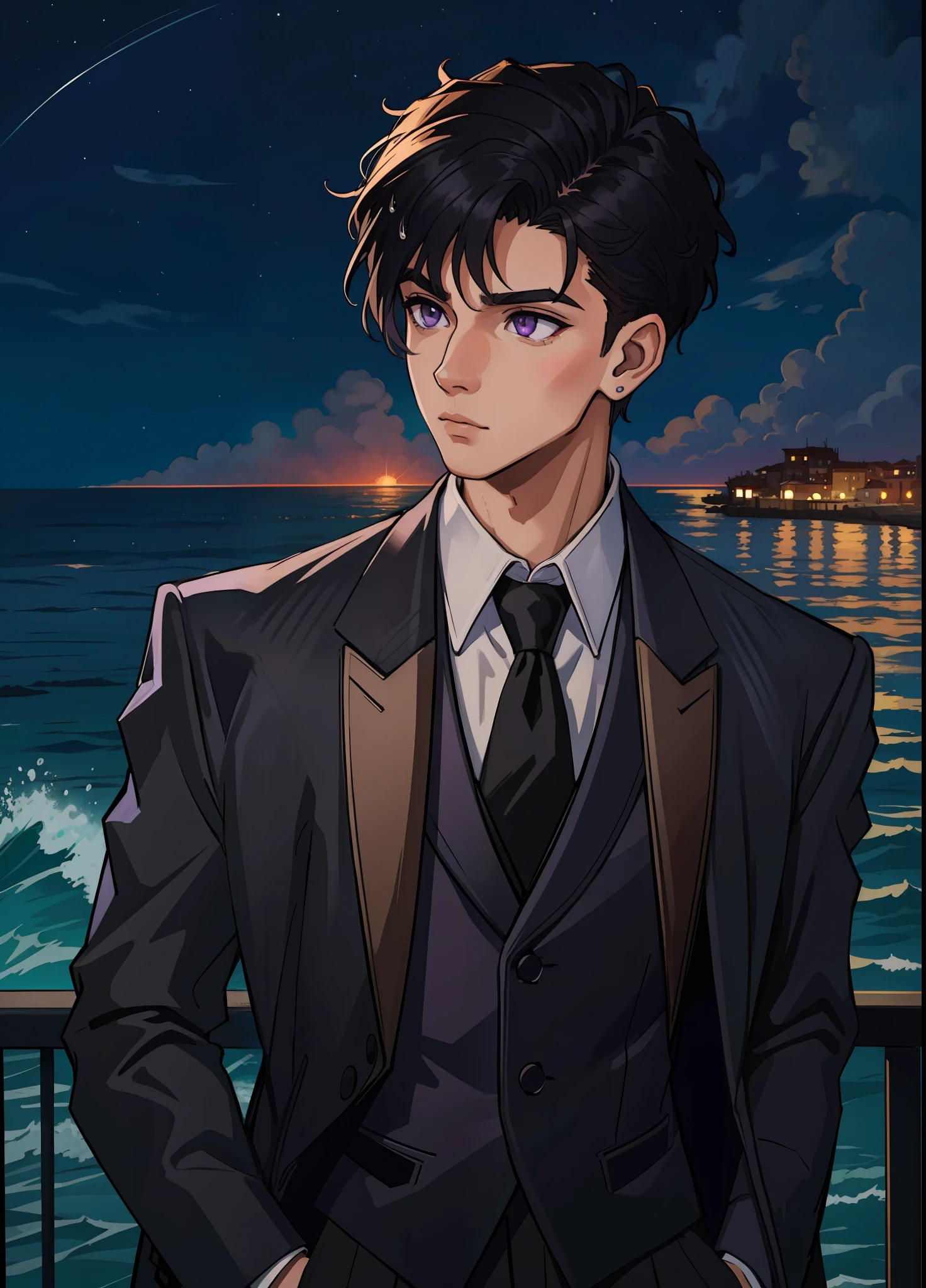(masterpiece, best quality), intricate details, 8k, artstation, wallpaper, official art, splash art, sharp focus,
1boy, short hair above ear half shaved on the sides, purple eyes, black/black hair, wearing a black formal suit, looking to the side, purple eyes, short hair, brown skin, balcony with the sea in the background at night