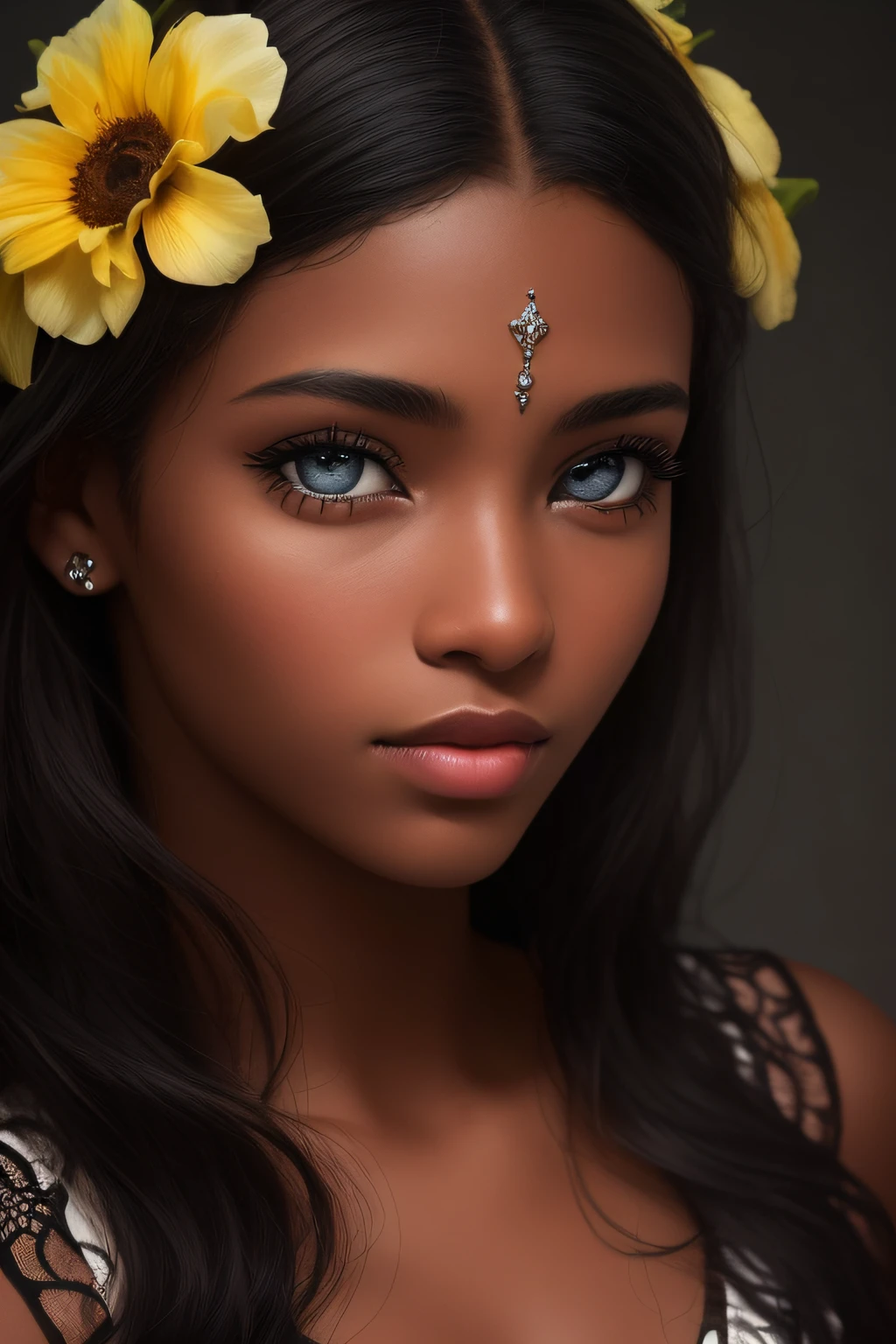 beautiful black girl of 18 years, Colombian from Cartagena, with flowers on her head in the style of the black palenqueras of Cartagena, dark skin, style, realistic, award-winning photo, (very detailed symmetrical eyes, fantastic eyes, intricate eyes: detailed background, high quality, perfect, ultra hd 8k cinematic lighting