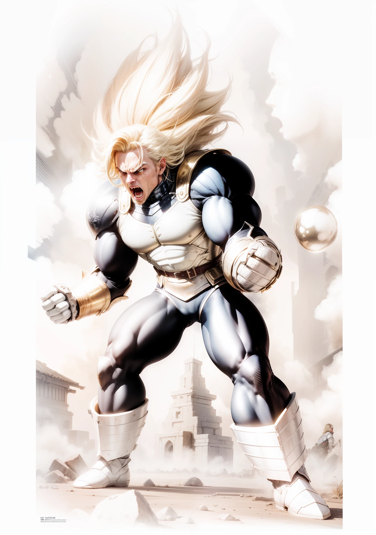 Blonde hair, blue tights, shouts, angry expressions, golden armor vest, (golden glow all around the body: 1.2), best quality, detailed details, cinematic lighting effects, masterpiece, UHD