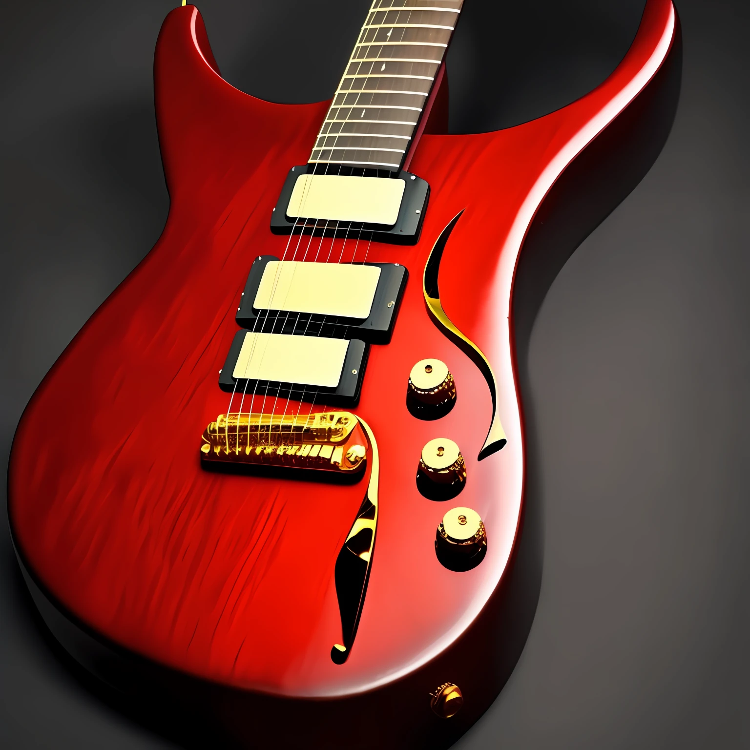 Shimmering Z-shaped red guitar, golden strings, brightness, realistic reality. triangular --auto