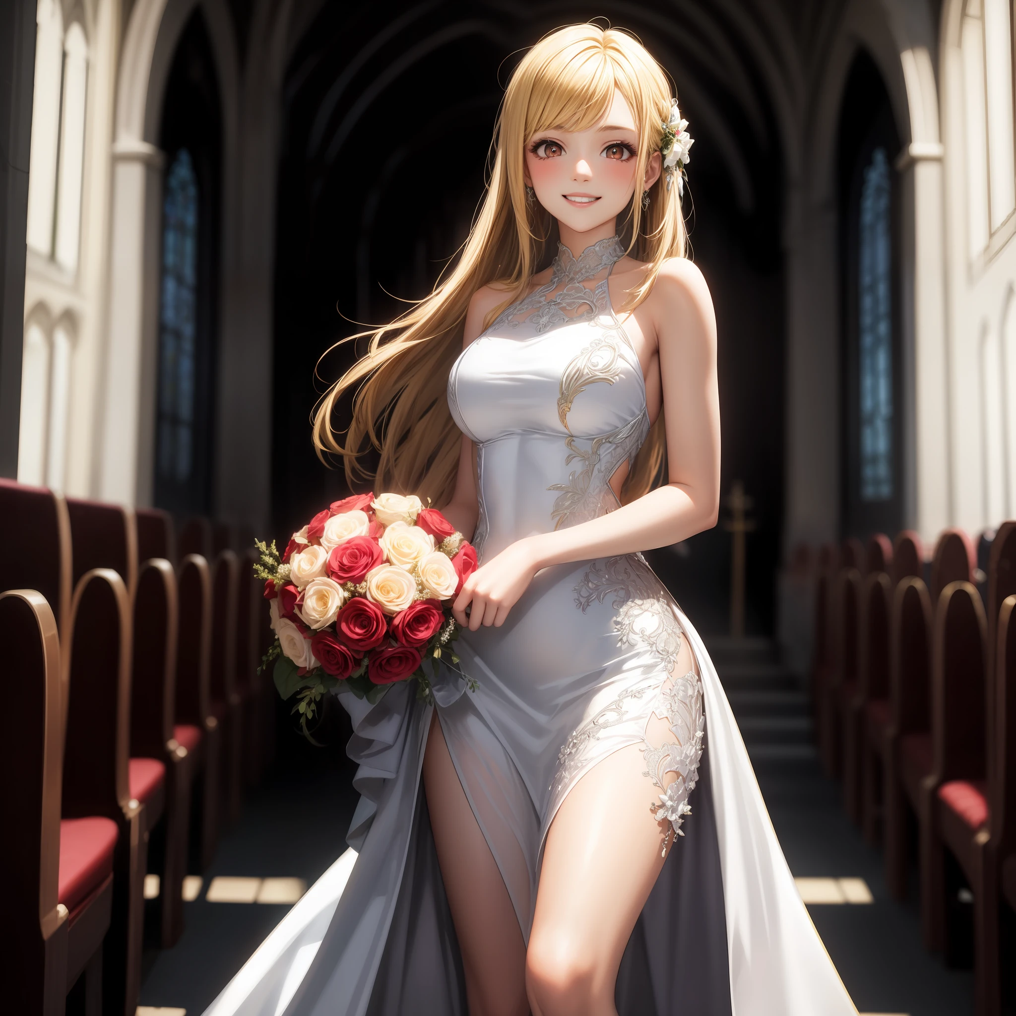 blonde, red eyes, girl, alone, solo, 1girl, prom dress, chapel, bouquet, smile
