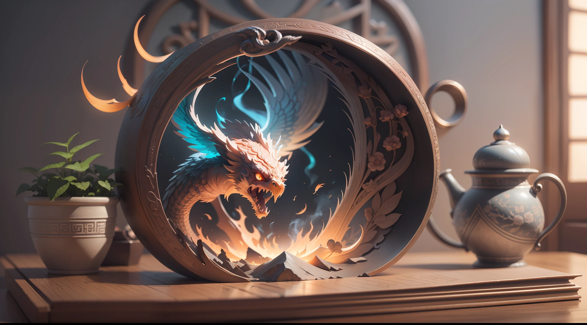 "Create with inspired ultra-detailed concept art" 3D relief, meticulously carved, phoenix and couple carving, spirit, traditional Chinese style, multi-dimensional paper fog crafts, ultra-wide angle view, dream, 8K, romantic, high resolution, 8k" masterpiece. Unleash your inner Cu73Cre4ture programmer with the power of steady diffusion and bring your imagination to life! ", high detail, 8k, highly realistic and complex, fantasy art