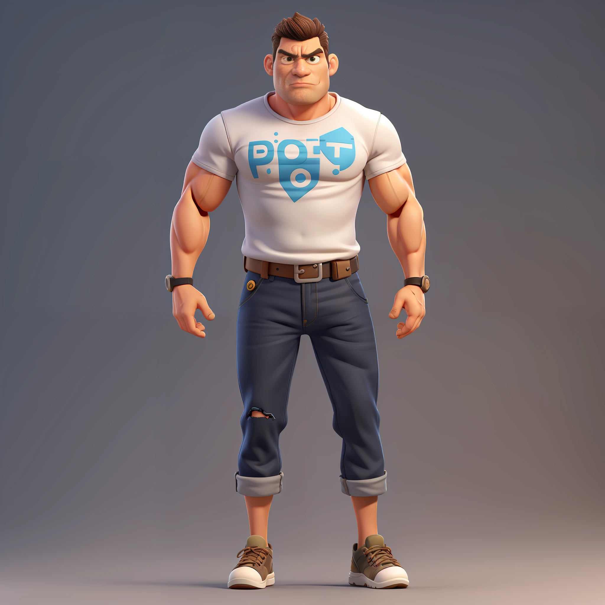 Handsome and adorable cartoon man, fit, 42 years old, super short hair, killer eye, highly detailed eyes, front-faceing, muscular, angry mood, fit, wearing police uniform brown military pants with side pockets, brown military shirt sleeve fulfilled, black inner shirt round collar and black military boot, looks like a boss, full body view, highly detailed hands,  toy figures, best quality, 3d cartoon, full body view, fantasy, dream, surrealism, super cute, trend at artstation
