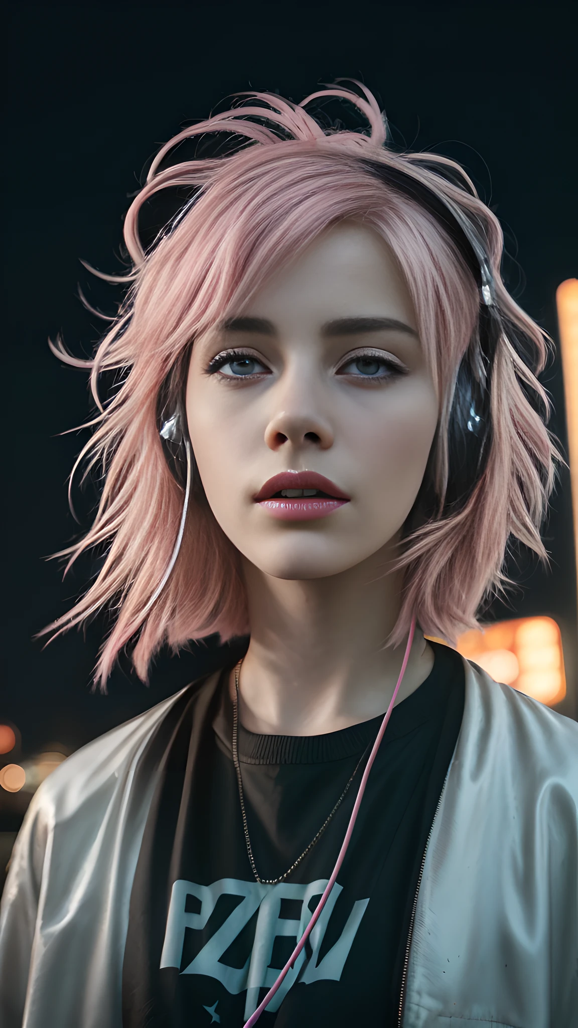 arafed woman with pink hair wearing headphones and a necklace, girl wearing headphones, pink headphones, soft portrait shot 8 k, with headphones, headphones on, wearing headphones, close up portrait shot, headphones, close - up portrait shot, color photograph portrait 4k, wearing modern headphone, 8k artgerm bokeh, closeup portrait shot, wearing black headphones