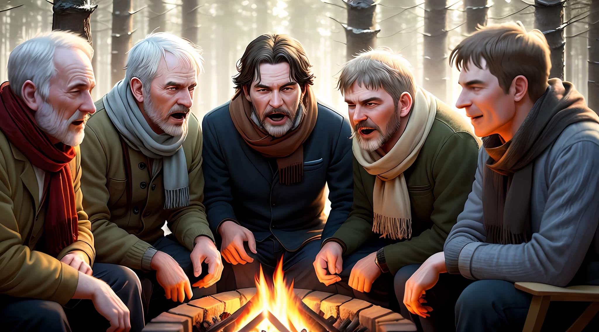 five men sitting around a campfire with a fire in the middle, talking around a campfire, by Jesper Ejsing, inspired by Johfra Bosschart, alexey egorov, realistic digital illustration, by Mike Winkelmann, by Darek Zabrocki, by mads berg, by Erik Ortvad, background art, by Johfra Bosschar