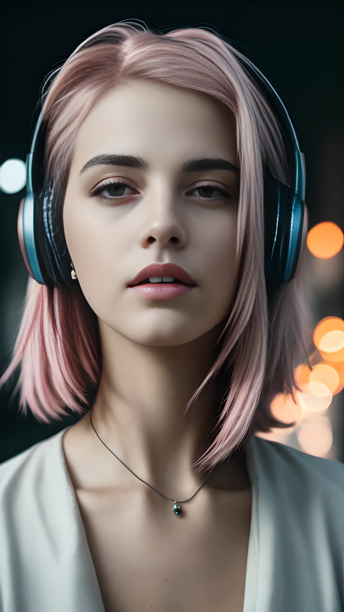 arafed woman with pink hair wearing headphones and a necklace, girl wearing headphones, pink headphones, soft portrait shot 8 k, with headphones, headphones on, wearing headphones, close up portrait shot, headphones, close - up portrait shot, color photograph portrait 4k, wearing modern headphone, 8k artgerm bokeh, closeup portrait shot, wearing black headphones